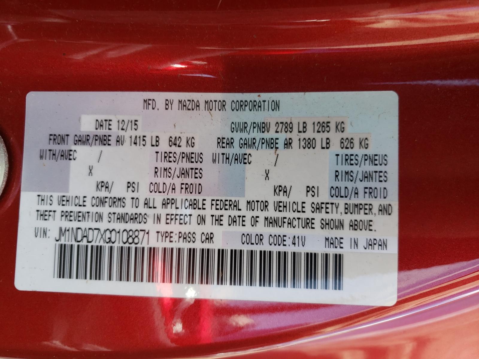 Photo 10 from auction – 2016 MAZDA MX-5 MIATA with VIN JM1NDAD7XG0108871