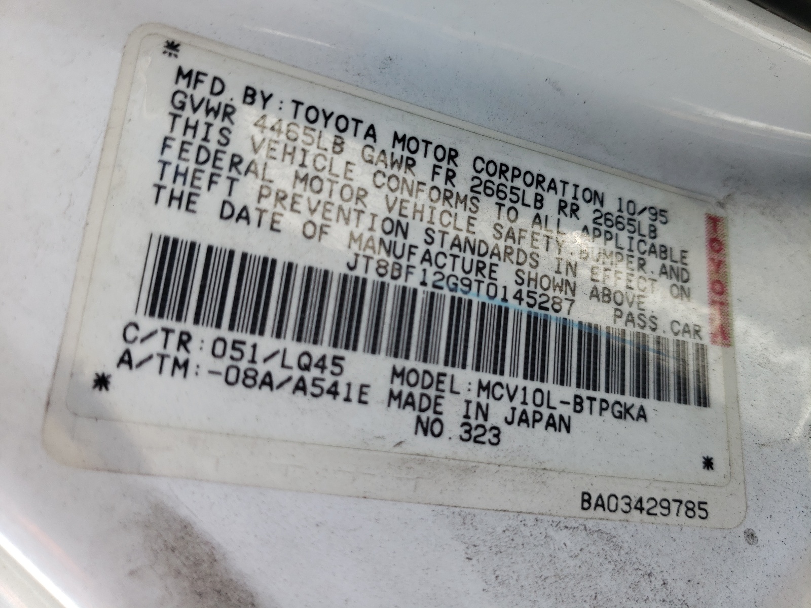 Photo 10 from auction – 1996 LEXUS ES 300 with VIN JT8BF12G9T0145287