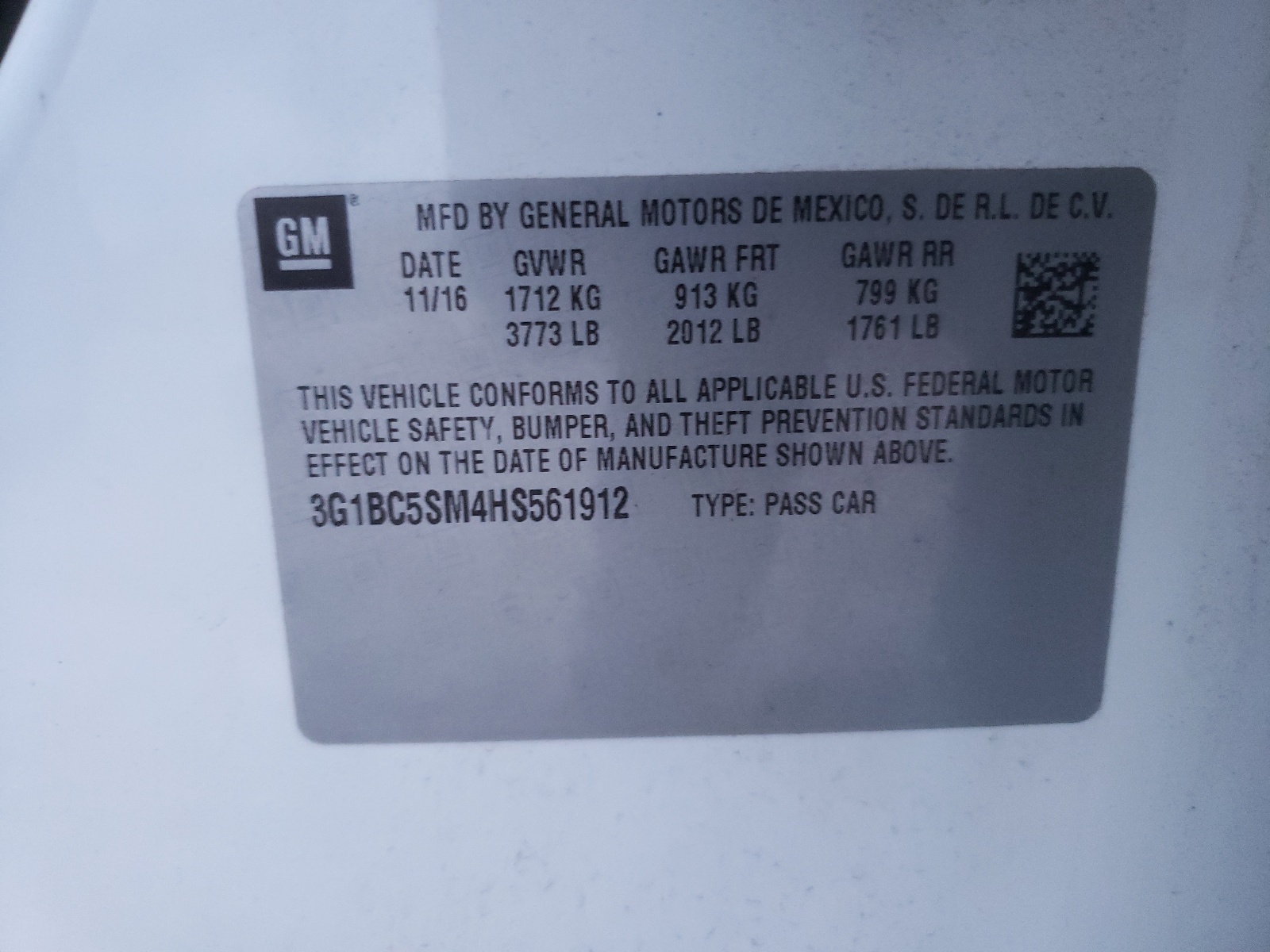 Photo 10 from auction – 2017 CHEVROLET CRUZE LS with VIN 3G1BC5SM4HS561912