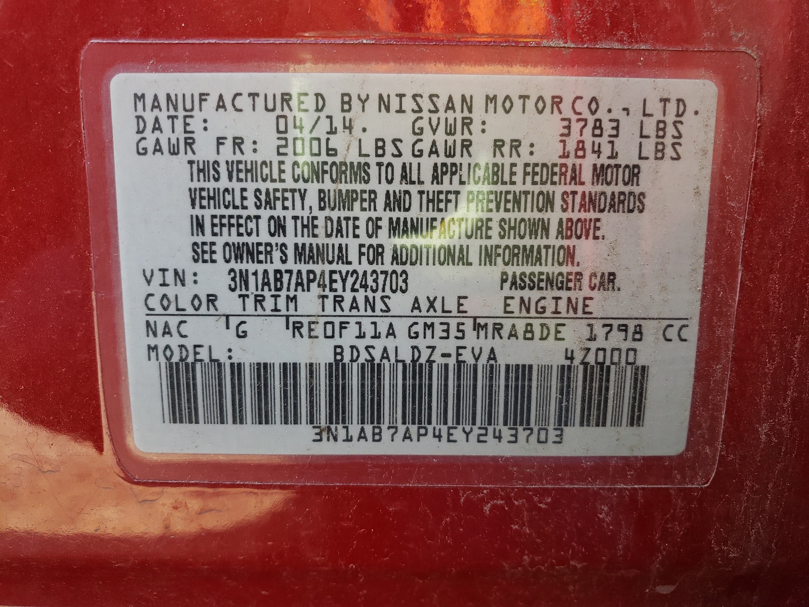 Photo 10 from auction – 2014 NISSAN SENTRA S with VIN 3N1AB7AP4EY243703