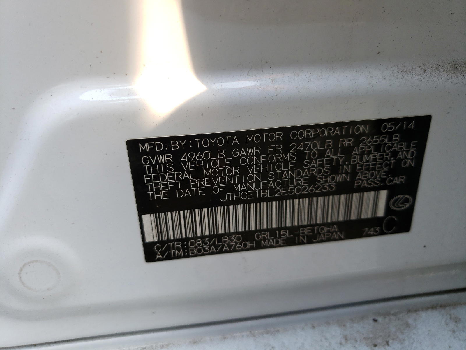 Photo 10 from auction – 2014 LEXUS GS 350 with VIN JTHCE1BL2E5026233