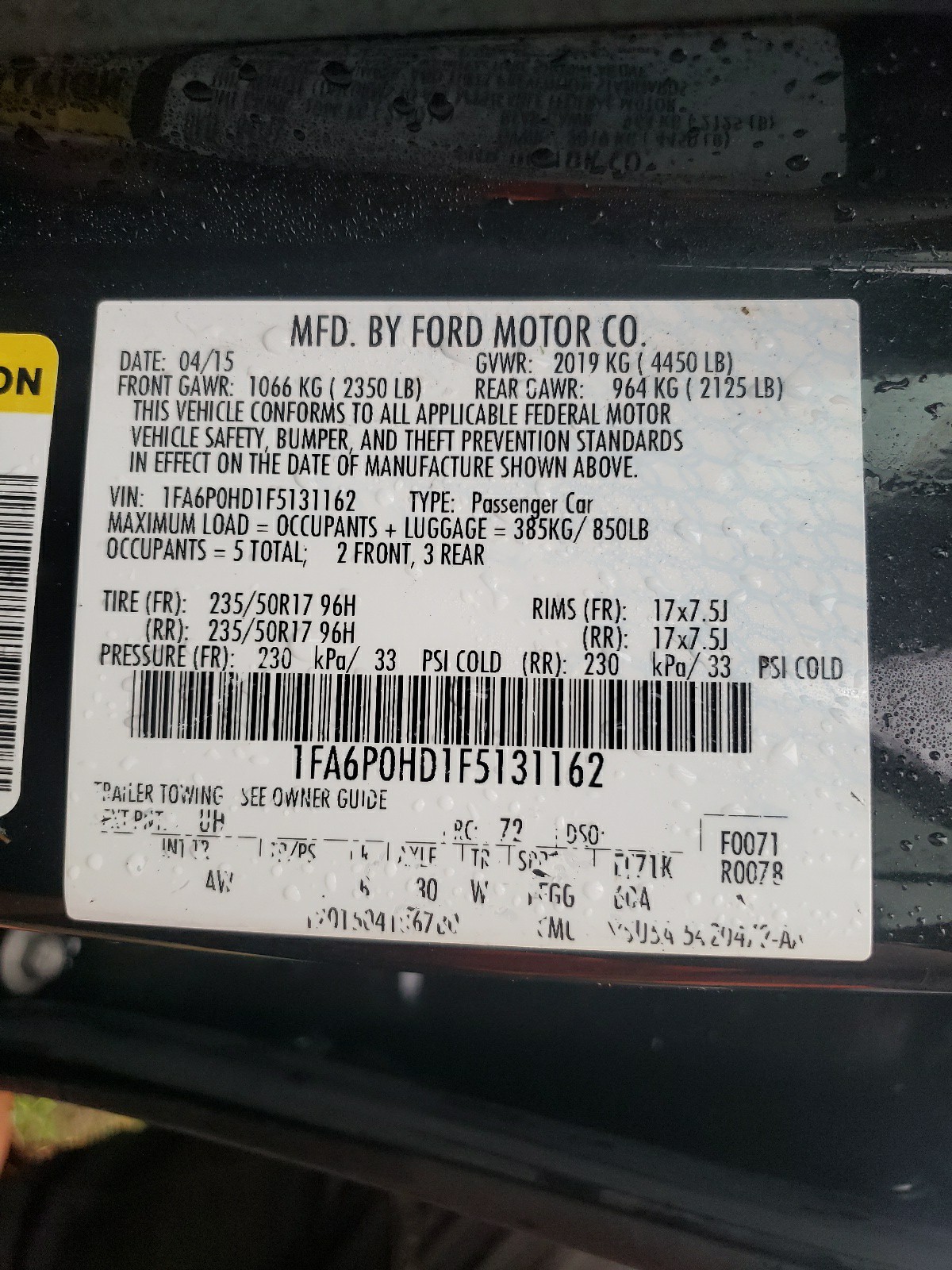 Photo 10 from auction – 2015 FORD FUSION SE with VIN 1FA6P0HD1F5131162