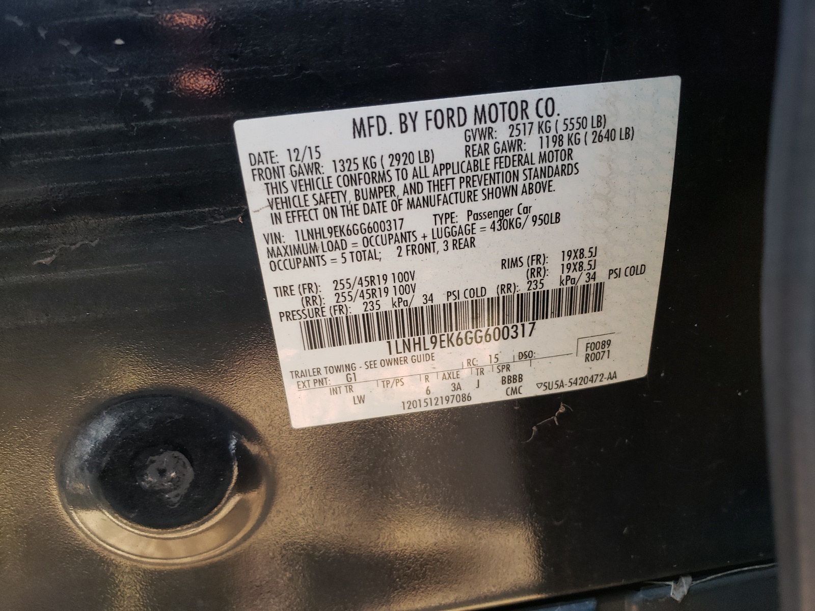 Photo 10 from auction – 2016 LINCOLN MKS with VIN 1LNHL9EK6GG600317