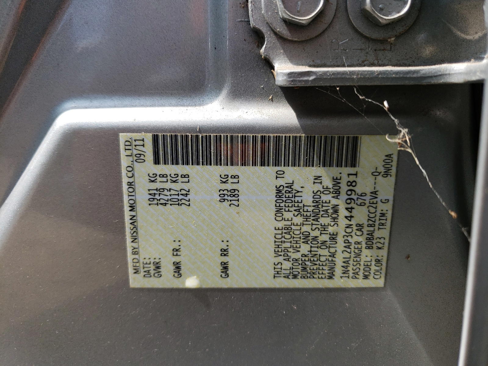 Photo 10 from auction – 2012 NISSAN ALTIMA BAS with VIN 1N4AL2AP3CN449981