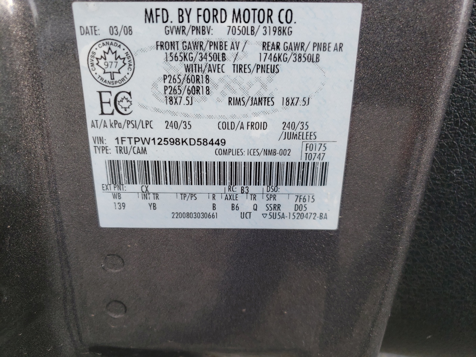 Photo 10 from auction – 2008 FORD F150 SUPER with VIN 1FTPW12598KD58449