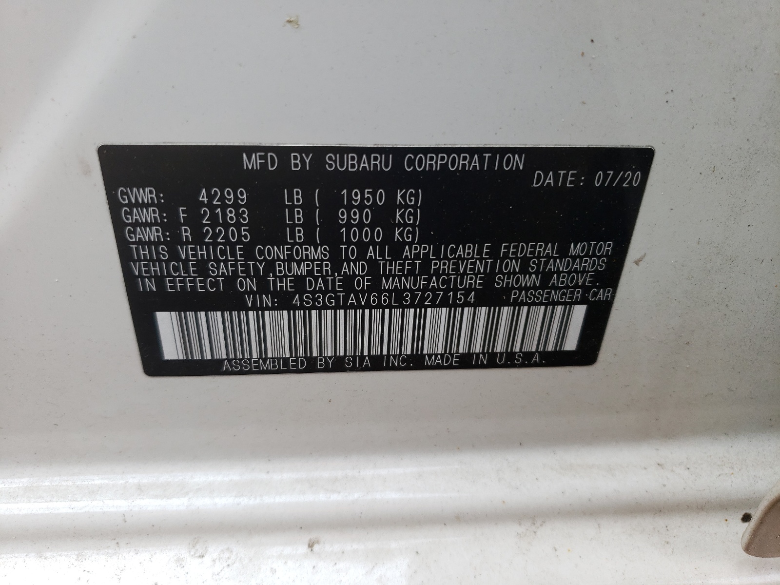 Photo 10 from auction – 2020 SUBARU IMPREZA PR with VIN 4S3GTAV66L3727154