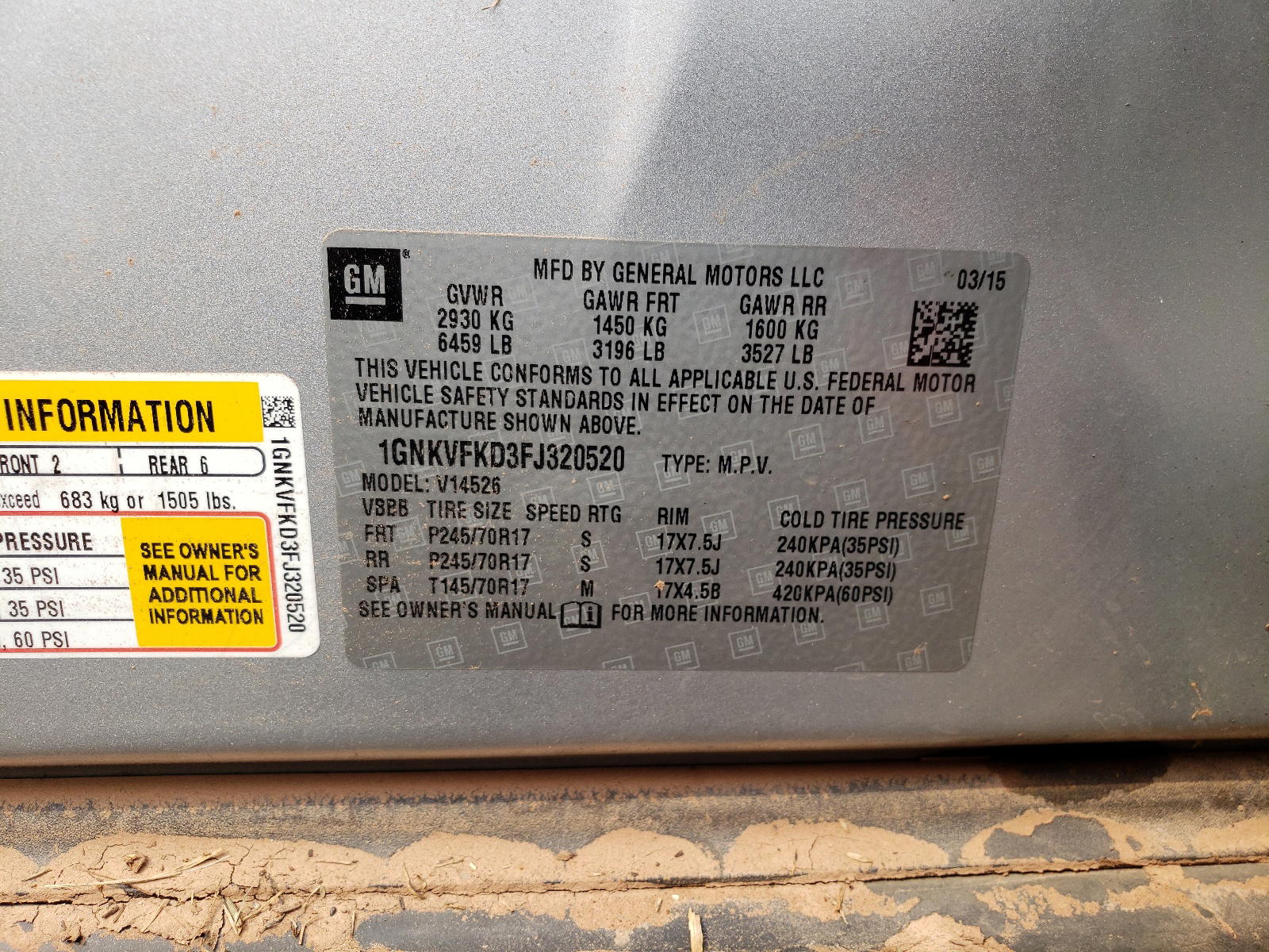 Photo 10 from auction – 2015 CHEVROLET TRAVERSE L with VIN 1GNKVFKD3FJ320520