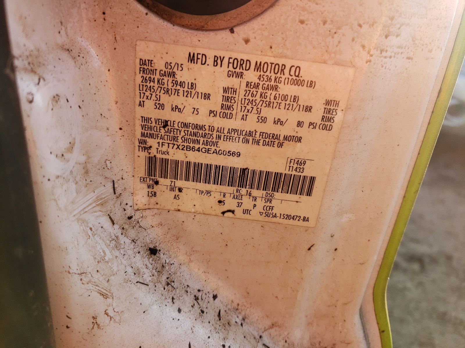 Photo 10 from auction – 2016 FORD F250 SUPER with VIN 1FT7X2B64GEA00569