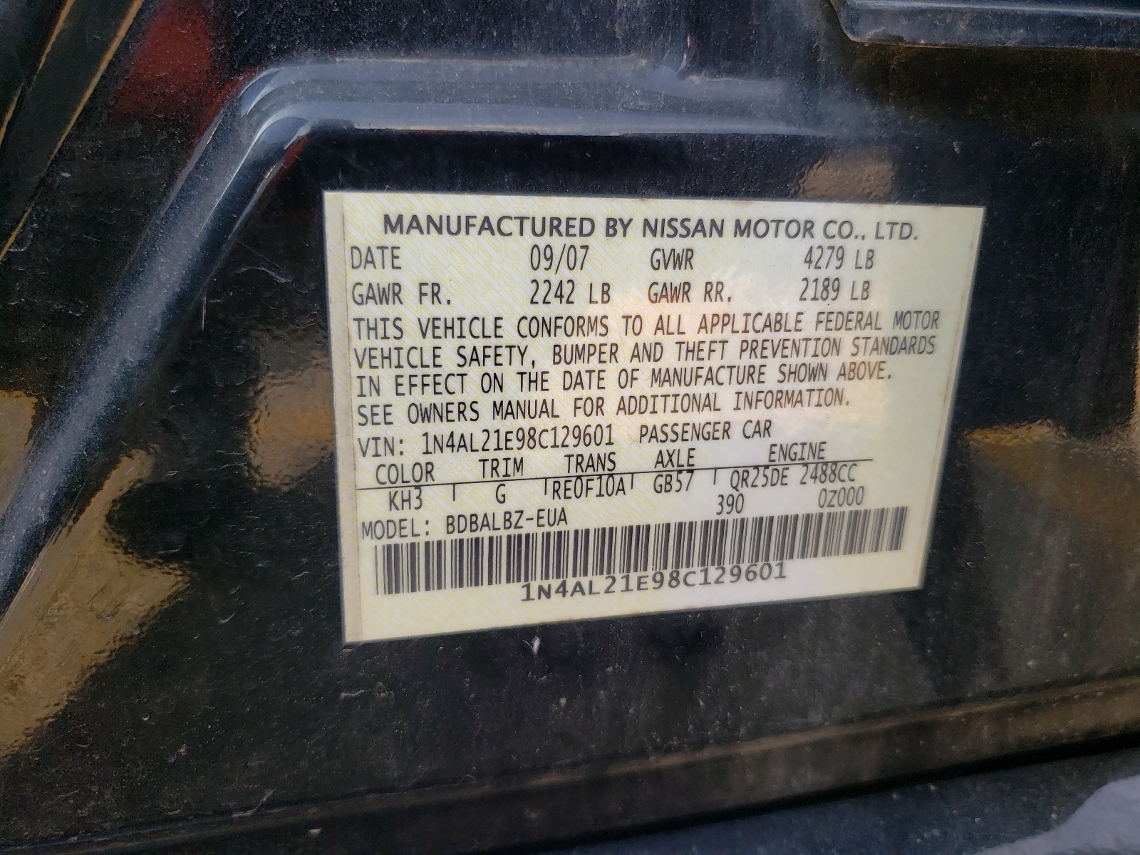 Photo 10 from auction – 2008 NISSAN ALTIMA 2.5 with VIN 1N4AL21E98C129601