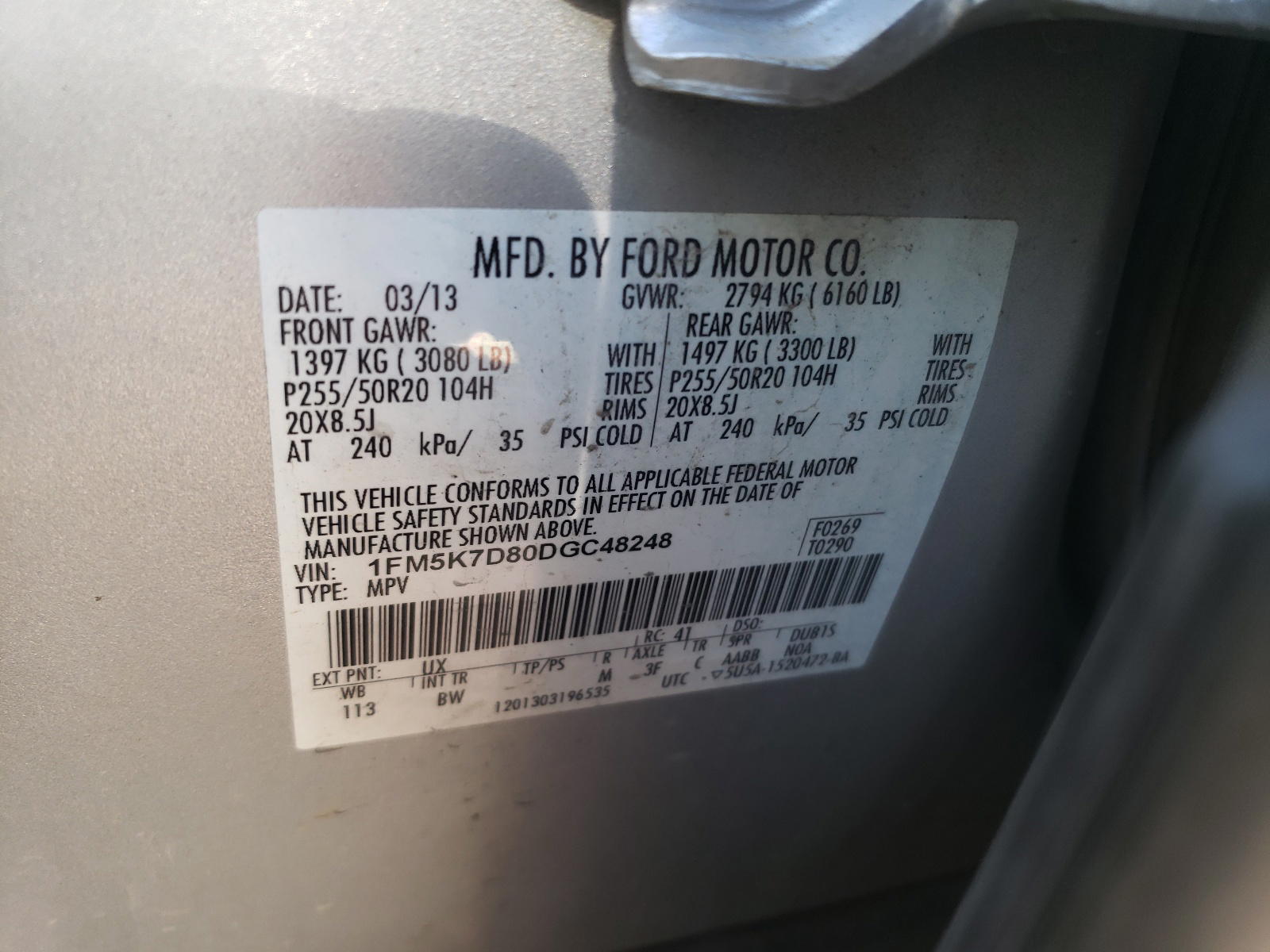 Photo 10 from auction – 2013 FORD EXPLORER X with VIN 1FM5K7D80DGC48248