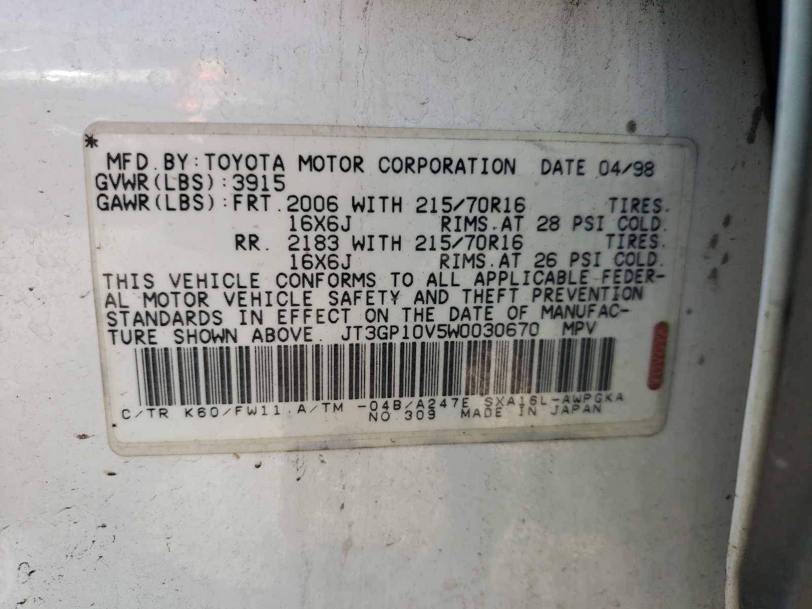 Photo 10 from auction – 1998 TOYOTA RAV4 with VIN JT3GP10V5W0030670