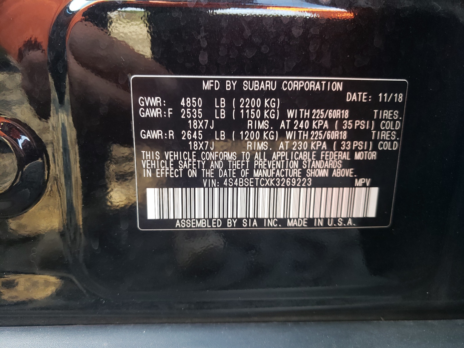 Photo 10 from auction – 2019 SUBARU OUTBACK TO with VIN 4S4BSETCXK3269223