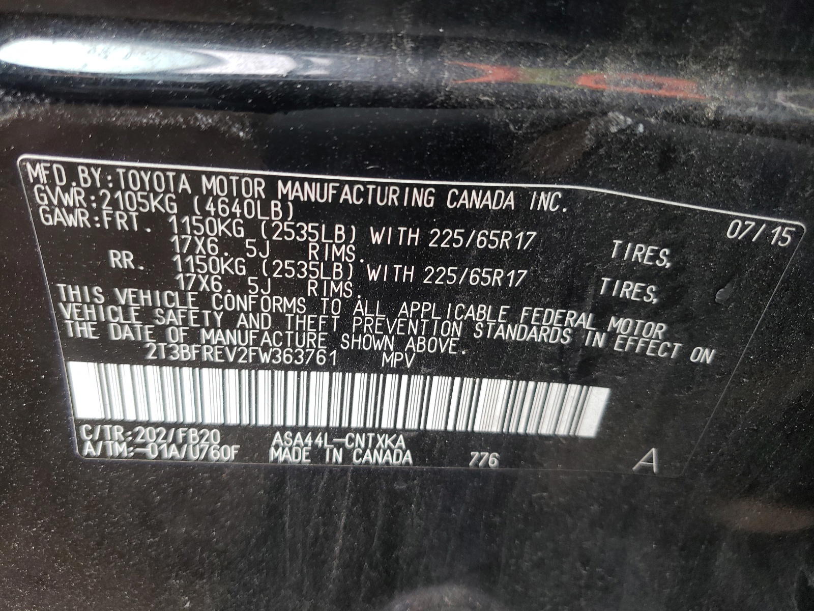 Photo 10 from auction – 2015 TOYOTA RAV4 LE with VIN 2T3BFREV2FW363761