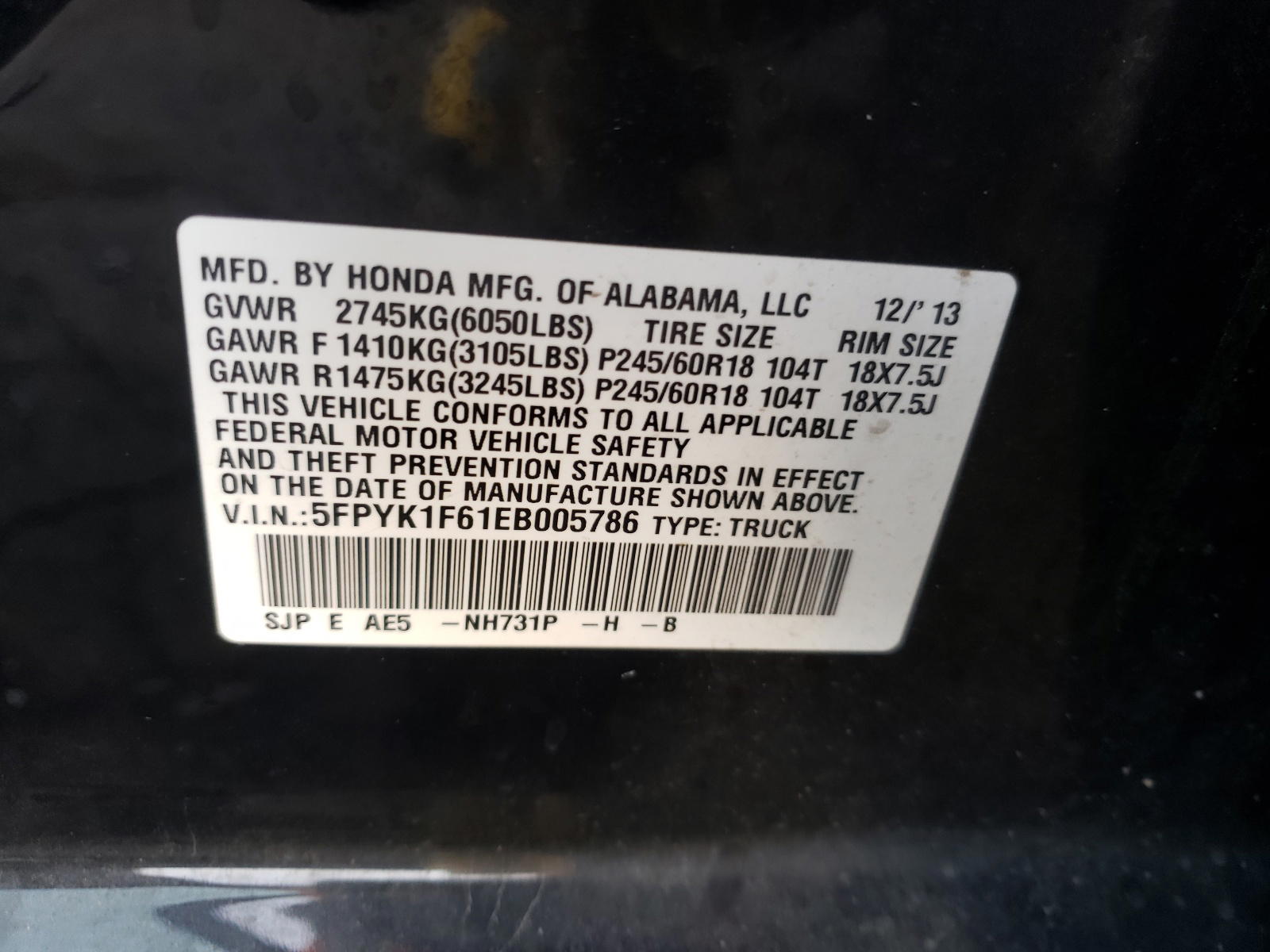 Photo 10 from auction – 2014 HONDA RIDGELINE with VIN 5FPYK1F61EB005786