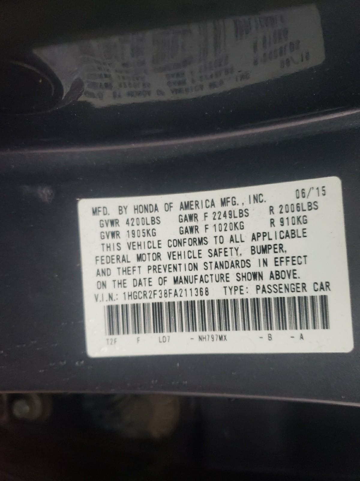 Photo 10 from auction – 2015 HONDA ACCORD with VIN 1HGCR2F38FA211368