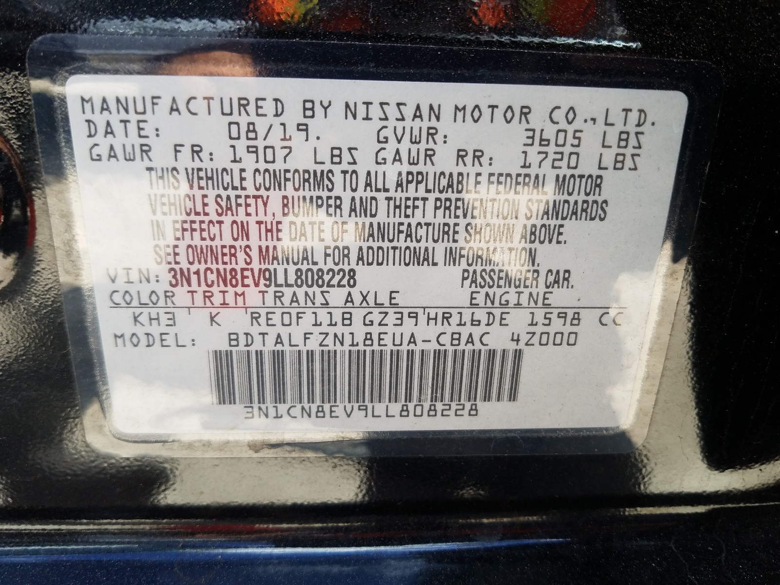 Photo 10 from auction – 2020 NISSAN VERSA S/SV with VIN 3N1CN8EV9LL808228