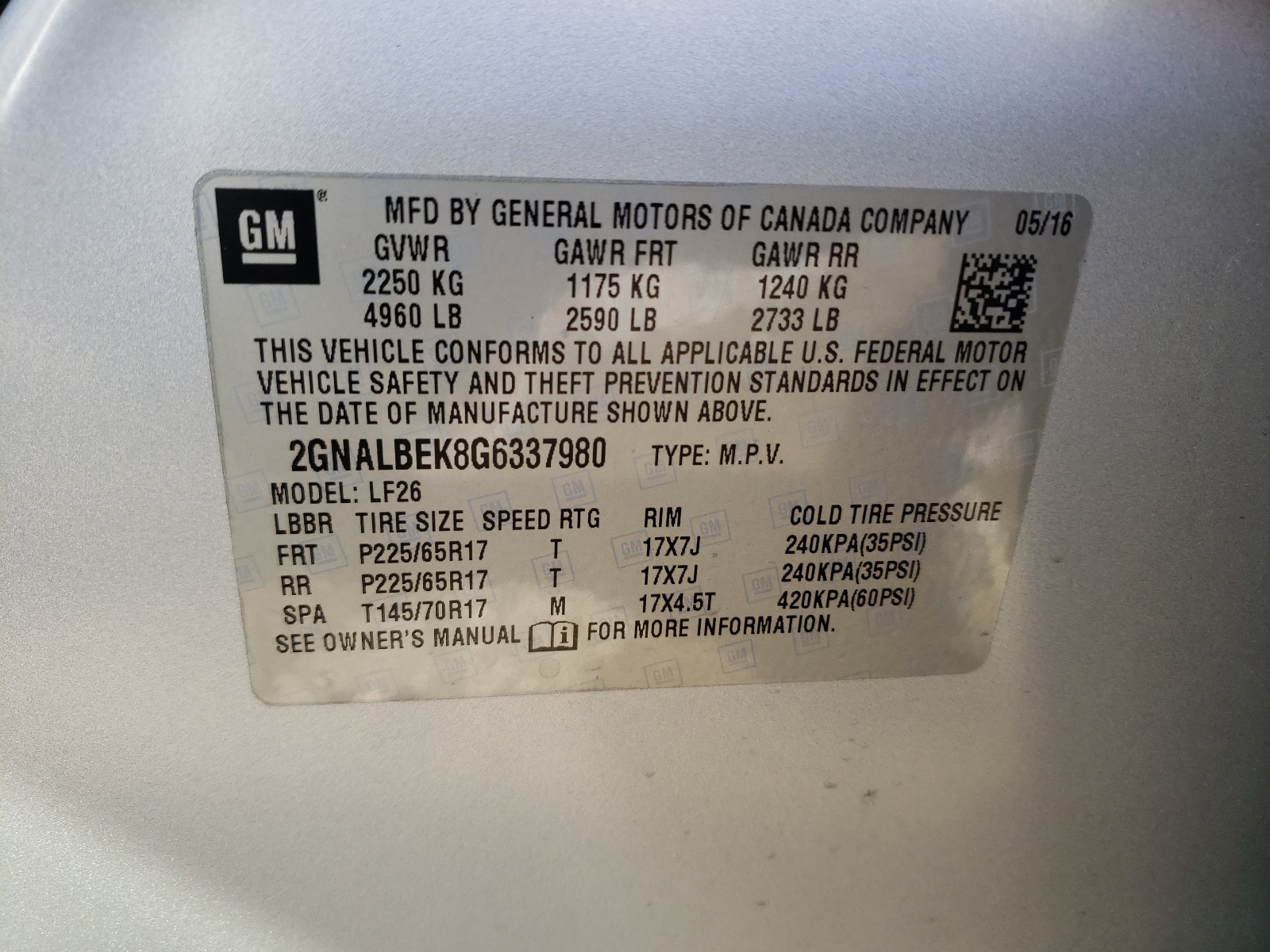 Photo 10 from auction – 2016 CHEVROLET EQUINOX LS with VIN 2GNALBEK8G6337980