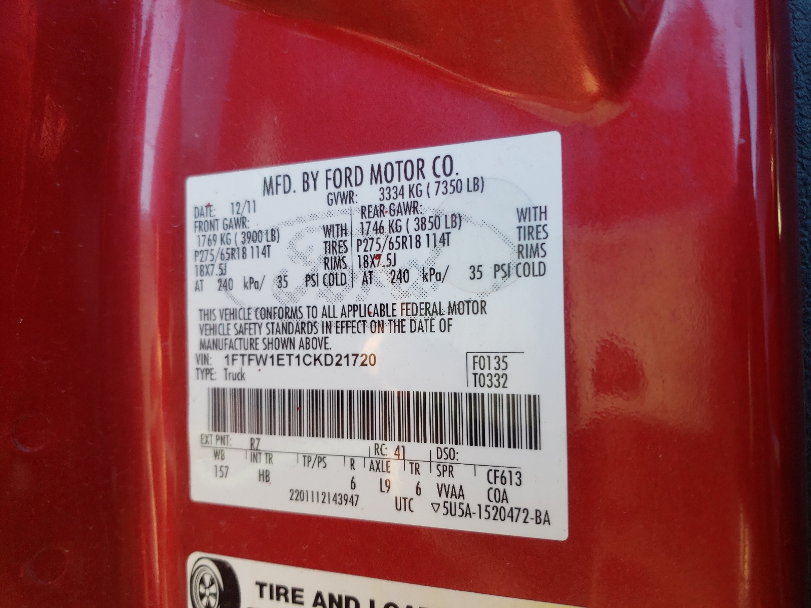Photo 10 from auction – 2012 FORD F150 SUPER with VIN 1FTFW1ET1CKD21720