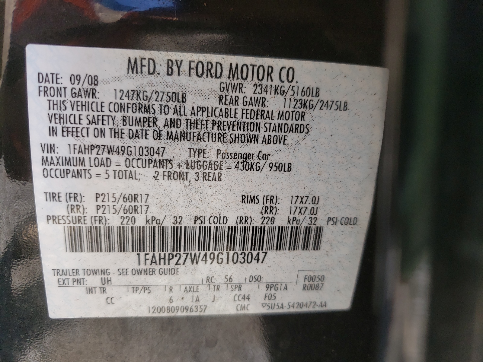 Photo 10 from auction – 2009 FORD TAURUS SEL with VIN 1FAHP27W49G103047