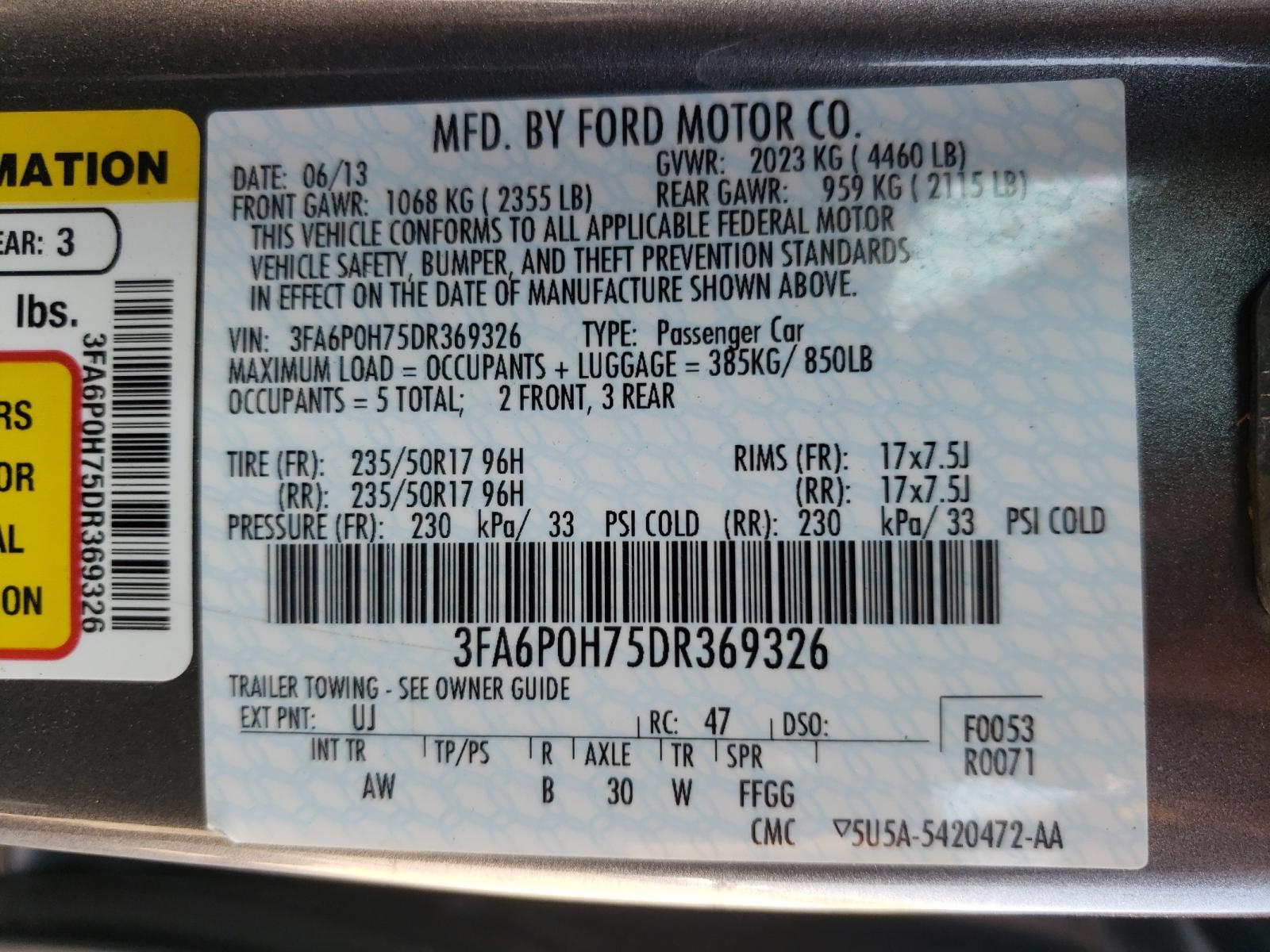 Photo 10 from auction – 2013 FORD FUSION SE with VIN 3FA6P0H75DR369326