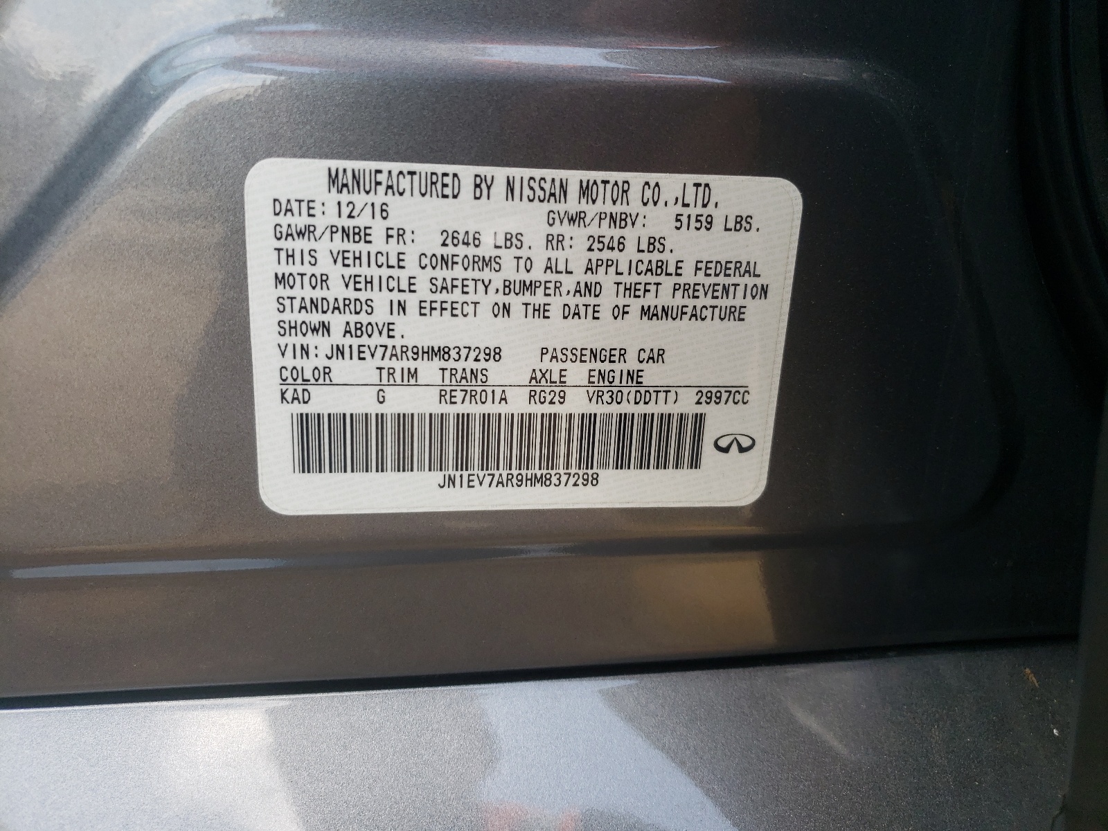 Photo 10 from auction – 2017 INFINITI Q50 PREMIU with VIN JN1EV7AR9HM837298