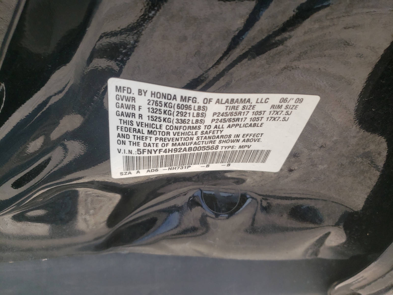 Photo 10 from auction – 2010 HONDA PILOT TOUR with VIN 5FNYF4H92AB005568