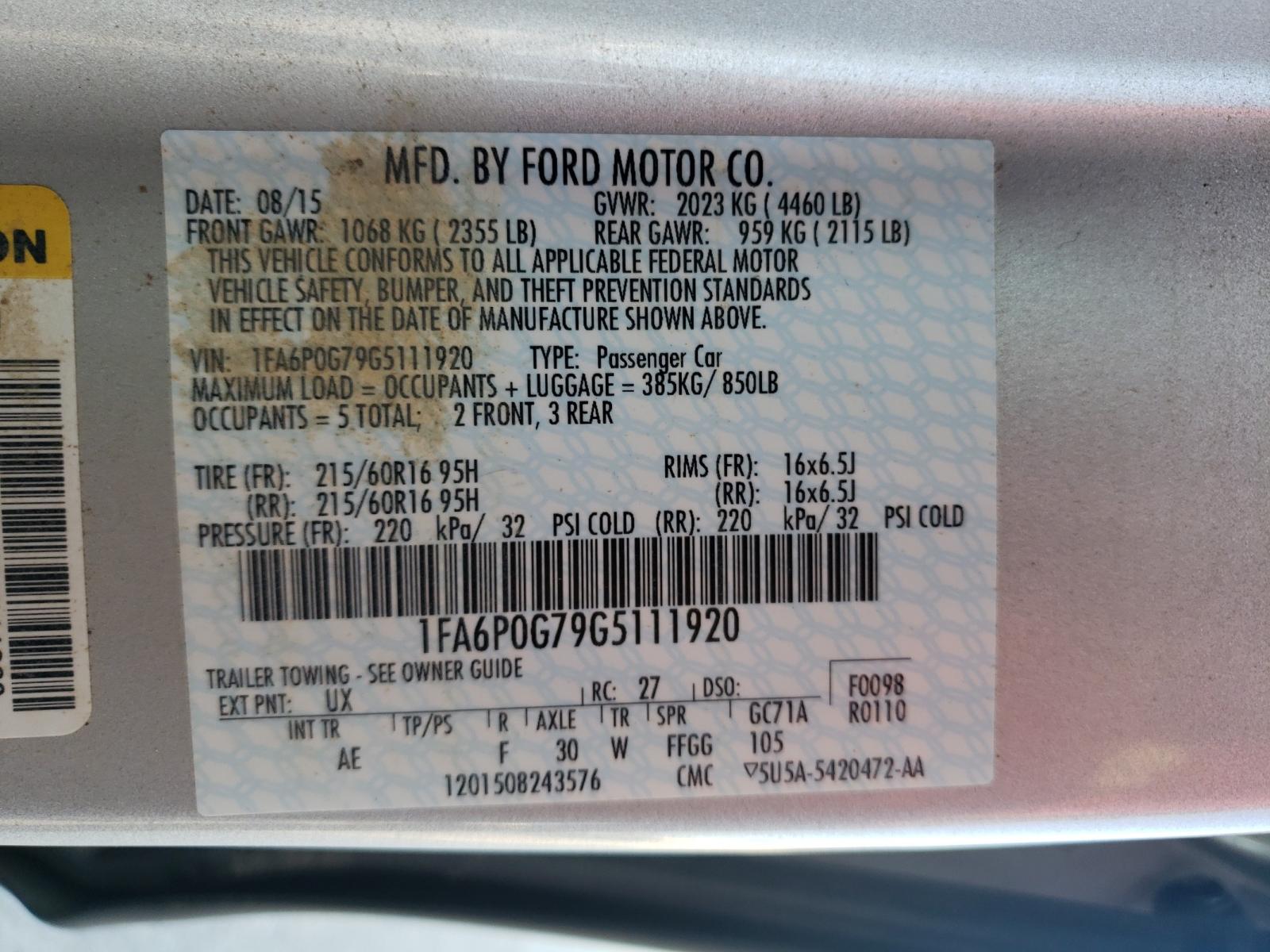 Photo 10 from auction – 2016 FORD FUSION S with VIN 1FA6P0G79G5111920