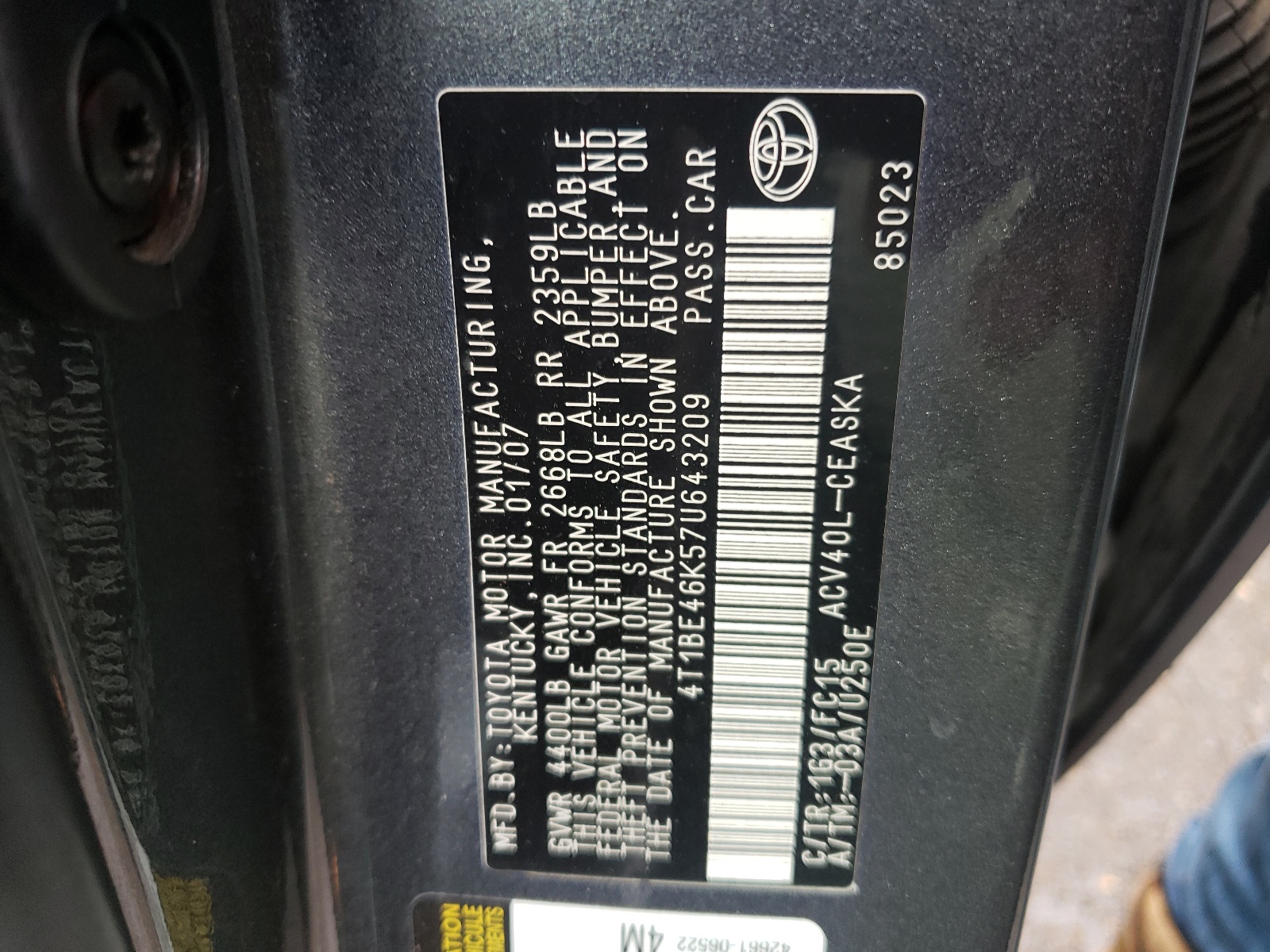 Photo 10 from auction – 2007 TOYOTA CAMRY CE with VIN 4T1BE46K57U643209