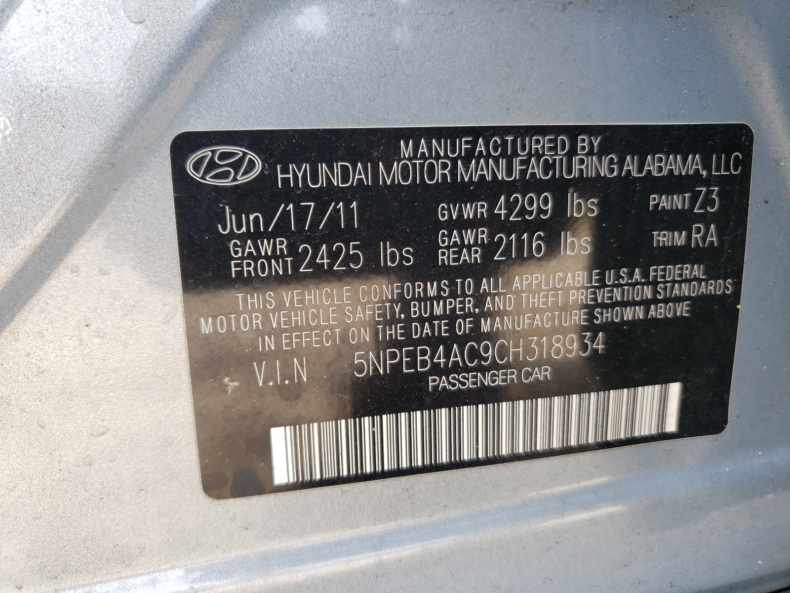 Photo 10 from auction – 2012 HYUNDAI SONATA GLS with VIN 5NPEB4AC9CH318934