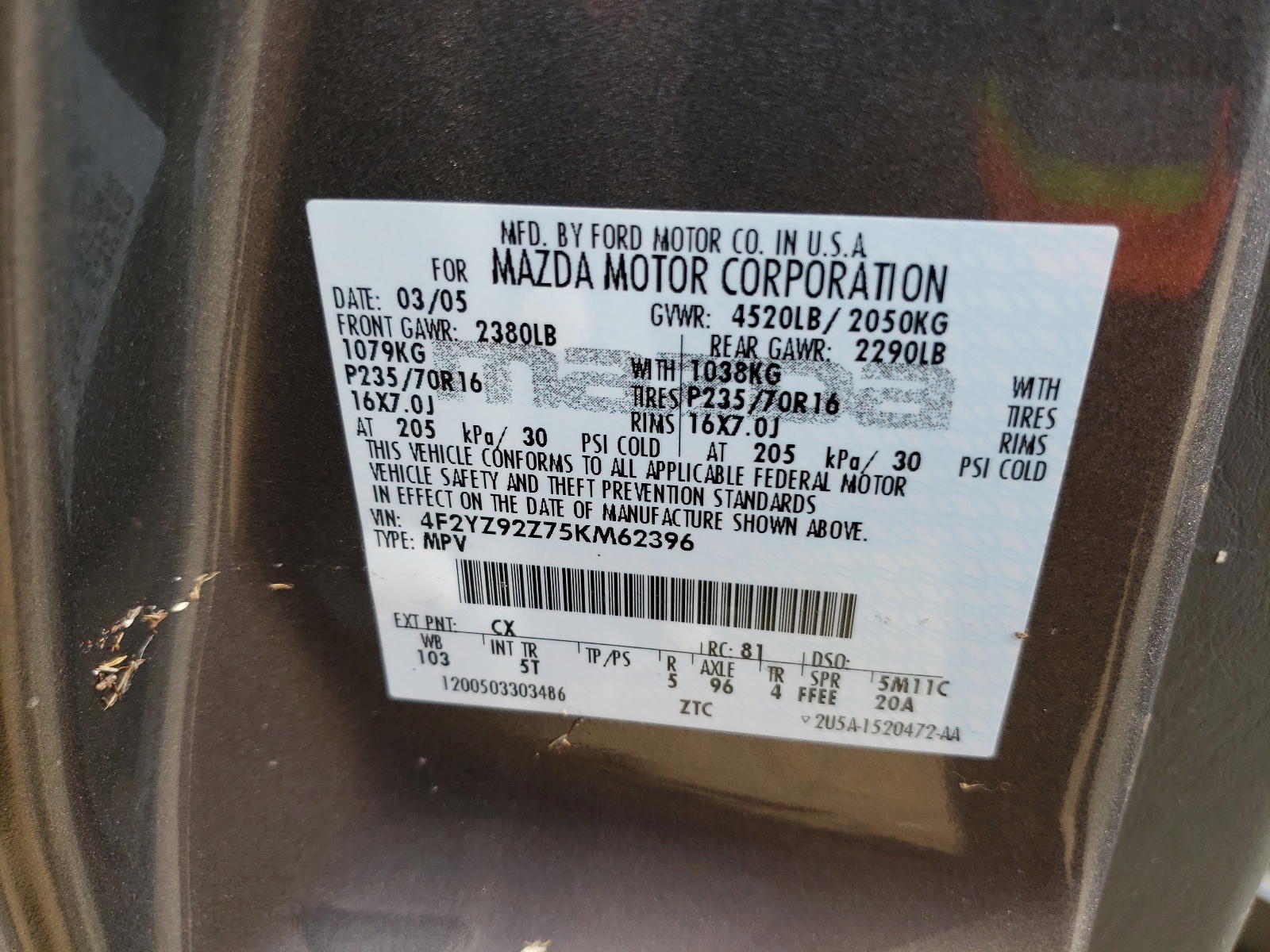 Photo 10 from auction – 2005 MAZDA TRIBUTE I with VIN 4F2YZ92Z75KM62396