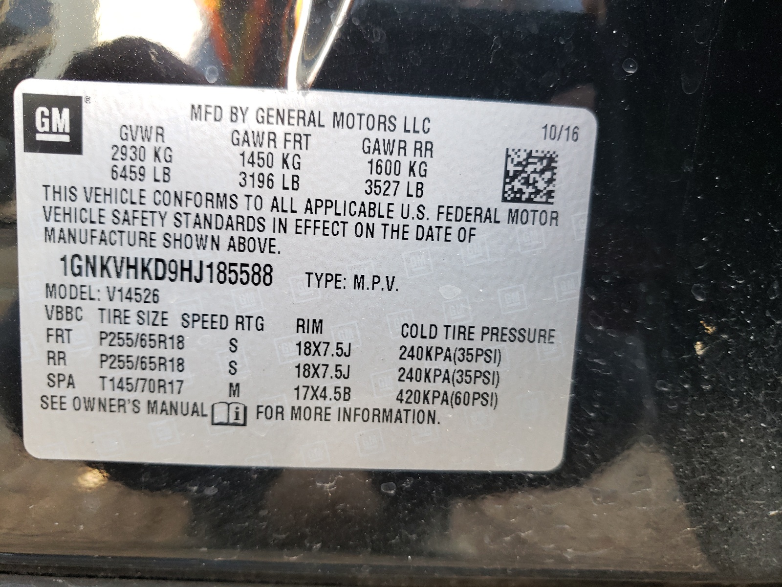 Photo 10 from auction – 2017 CHEVROLET TRAVERSE L with VIN 1GNKVHKD9HJ185588