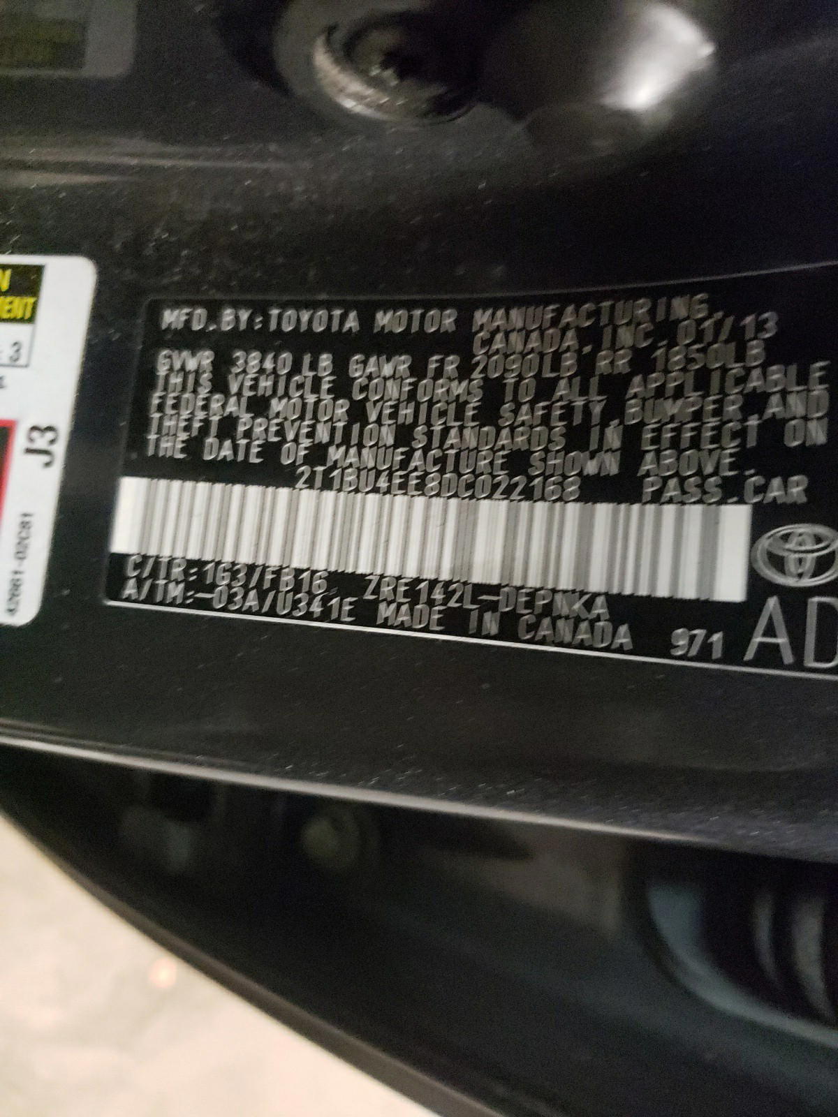 Photo 10 from auction – 2013 TOYOTA COROLLA BA with VIN 2T1BU4EE8DC022168