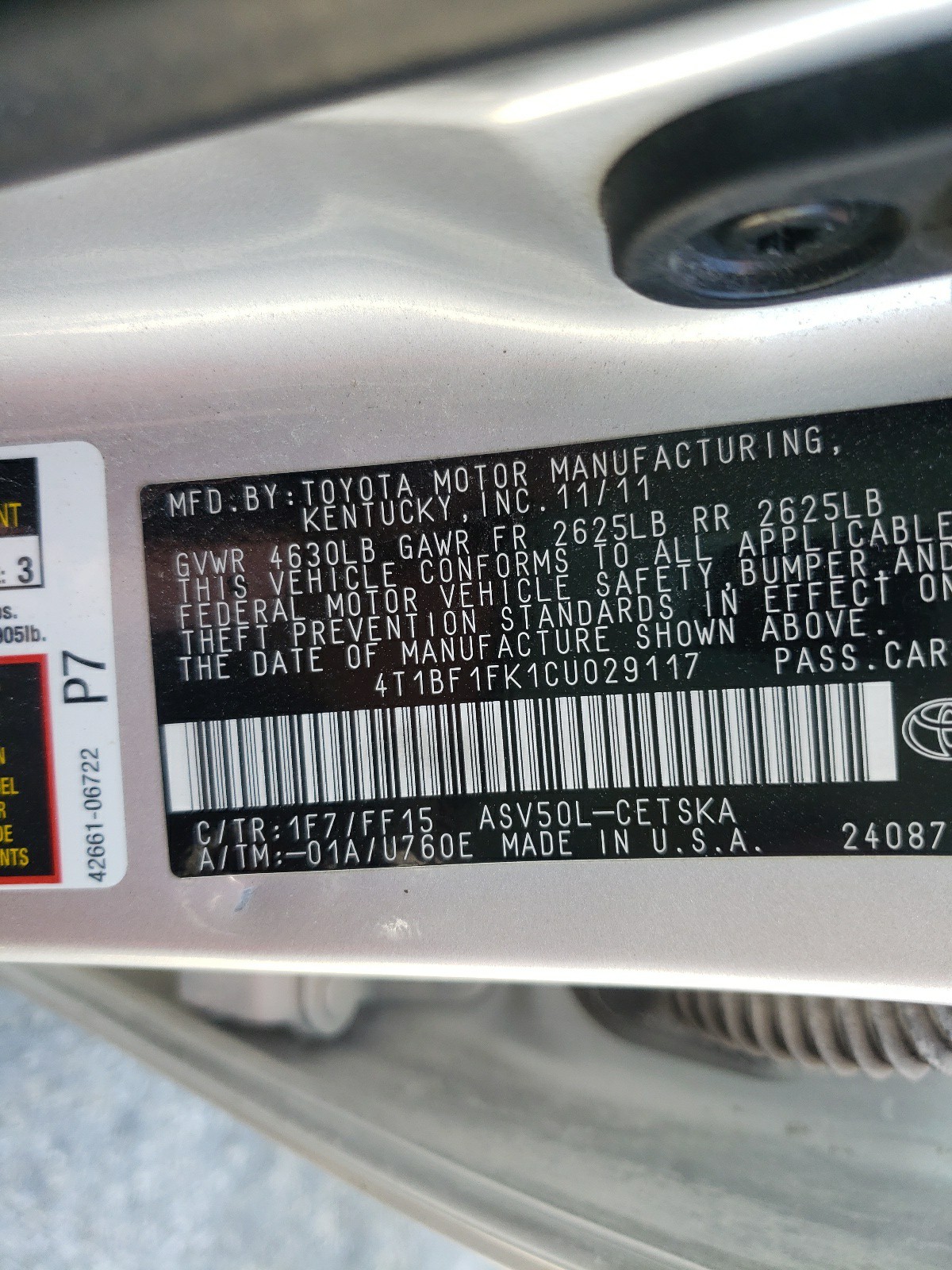 Photo 10 from auction – 2012 TOYOTA CAMRY BASE with VIN 4T1BF1FK1CU029117