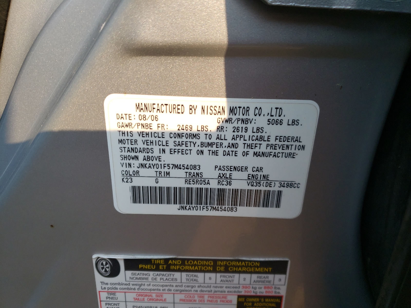 Photo 10 from auction – 2007 INFINITI M35 BASE with VIN JNKAY01F57M454083