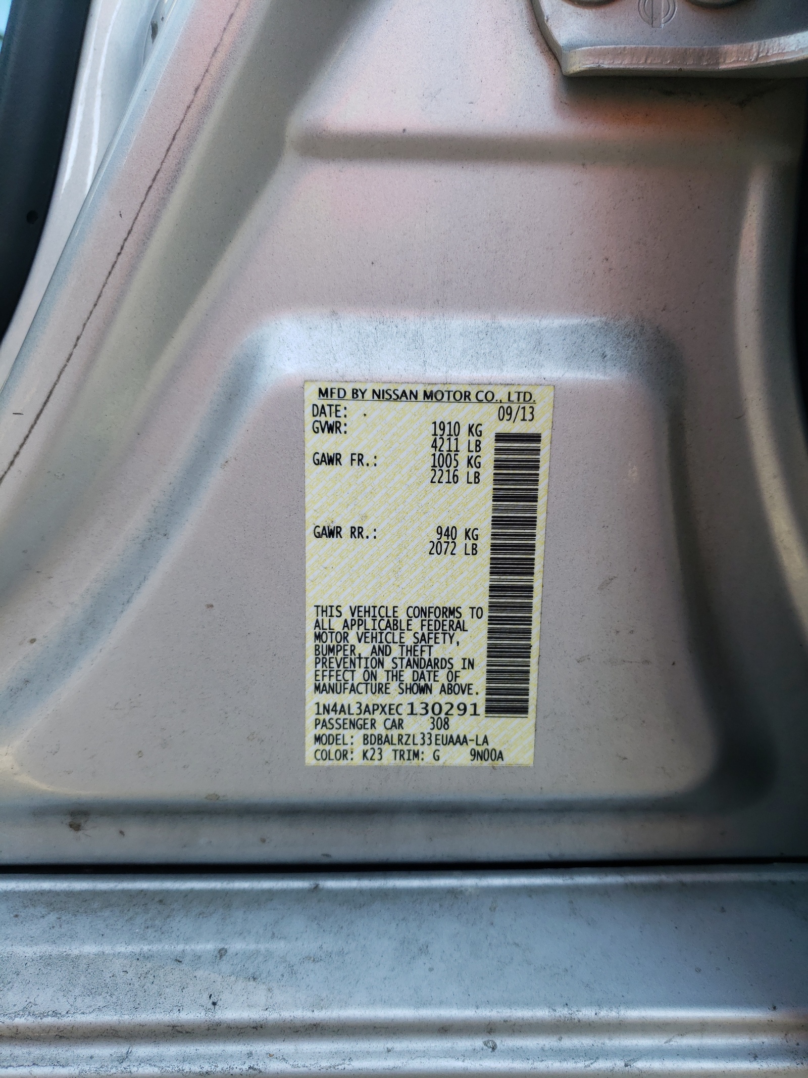 Photo 10 from auction – 2014 NISSAN ALTIMA 2.5 with VIN 1N4AL3APXEC130291