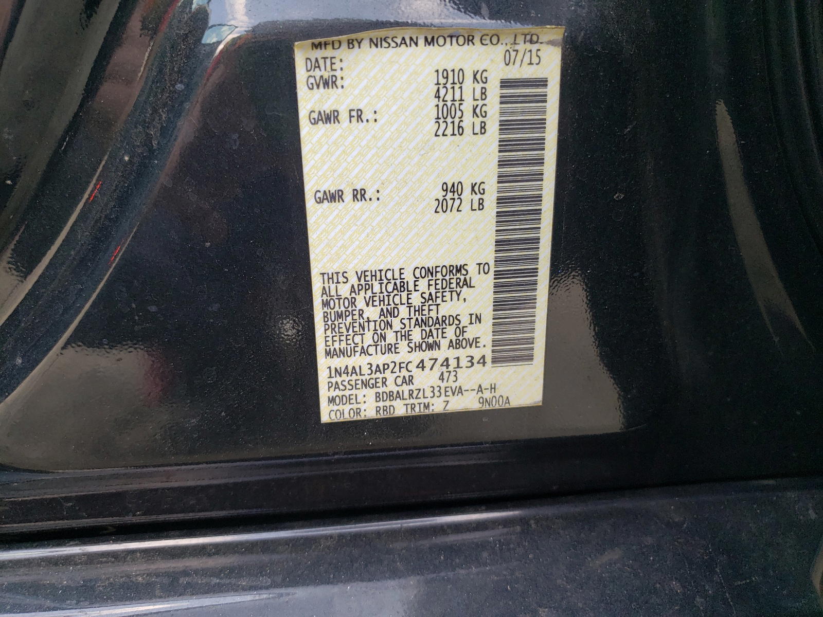 Photo 10 from auction – 2015 NISSAN ALTIMA 2.5 with VIN 1N4AL3AP2FC474134