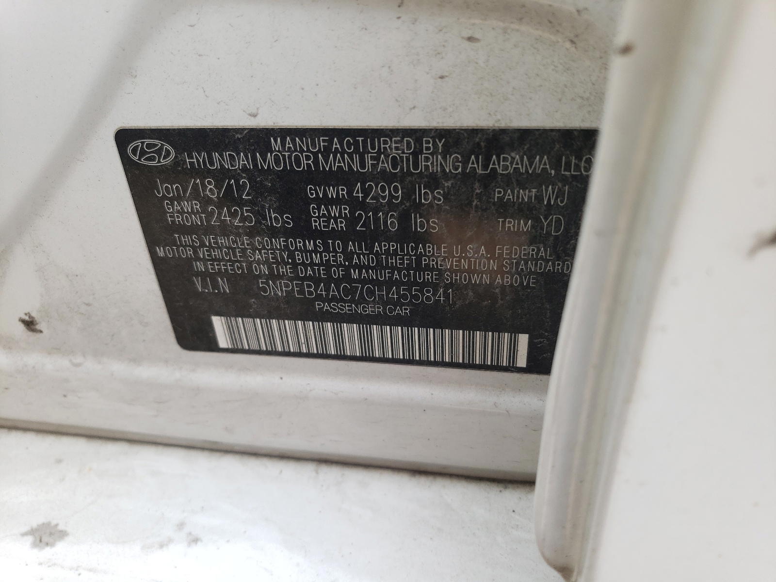 Photo 10 from auction – 2012 HYUNDAI SONATA GLS with VIN 5NPEB4AC7CH455841