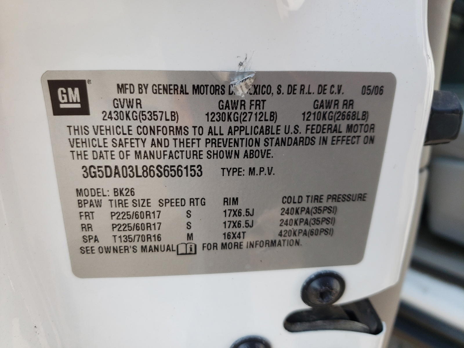 Photo 10 from auction – 2006 BUICK RENDEZVOUS with VIN 3G5DA03L86S656153