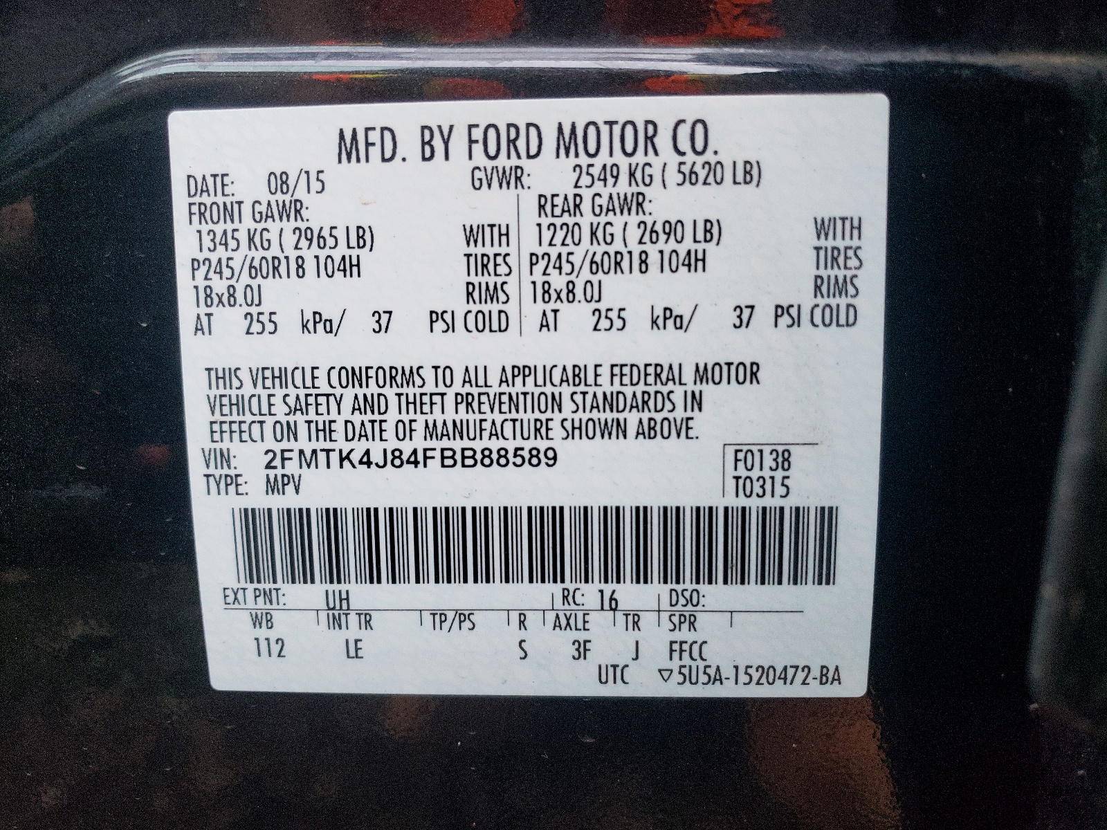 Photo 10 from auction – 2015 FORD EDGE SEL with VIN 2FMTK4J84FBB88589