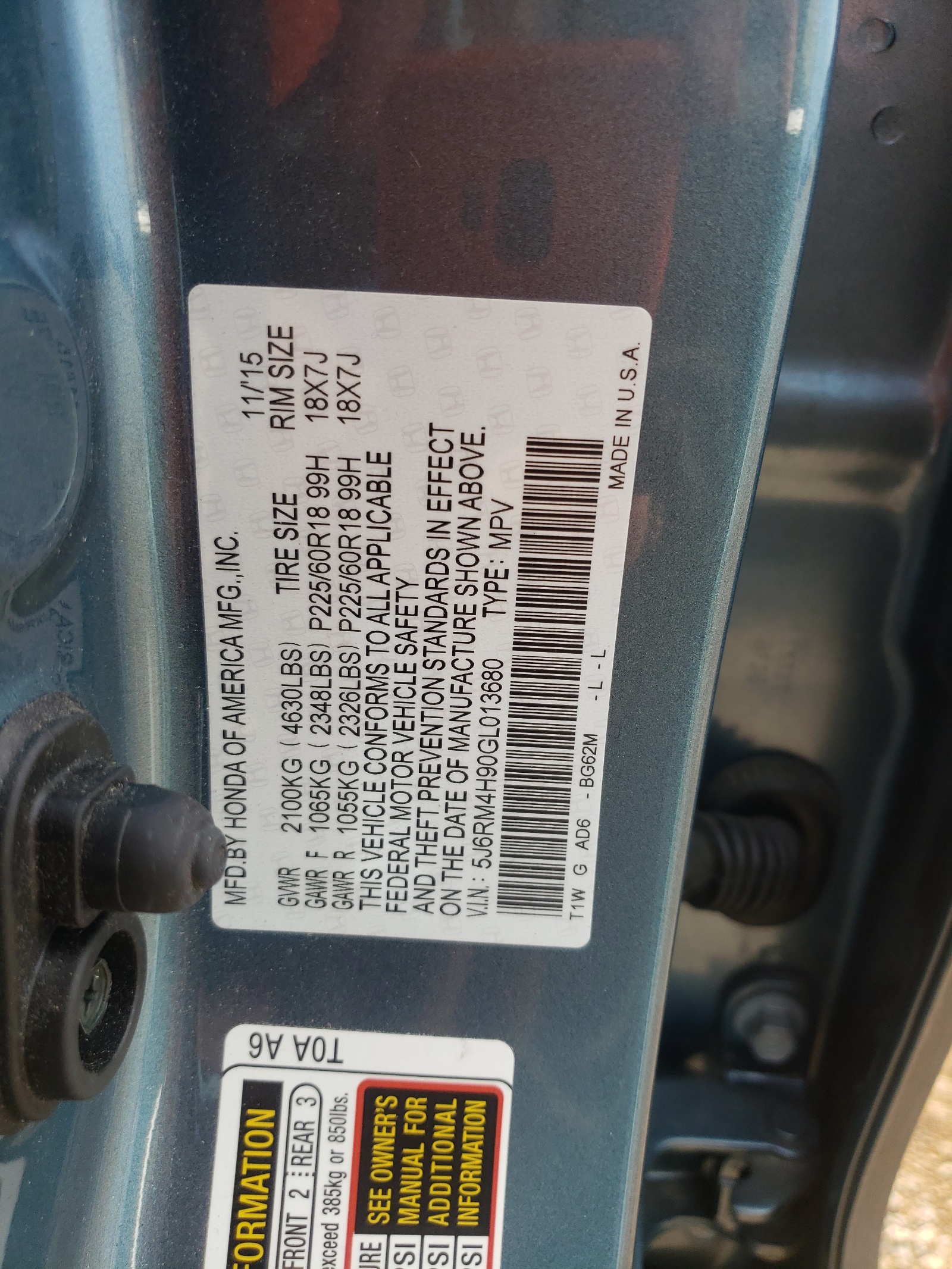 Photo 10 from auction – 2016 HONDA CR-V TOURI with VIN 5J6RM4H90GL013680