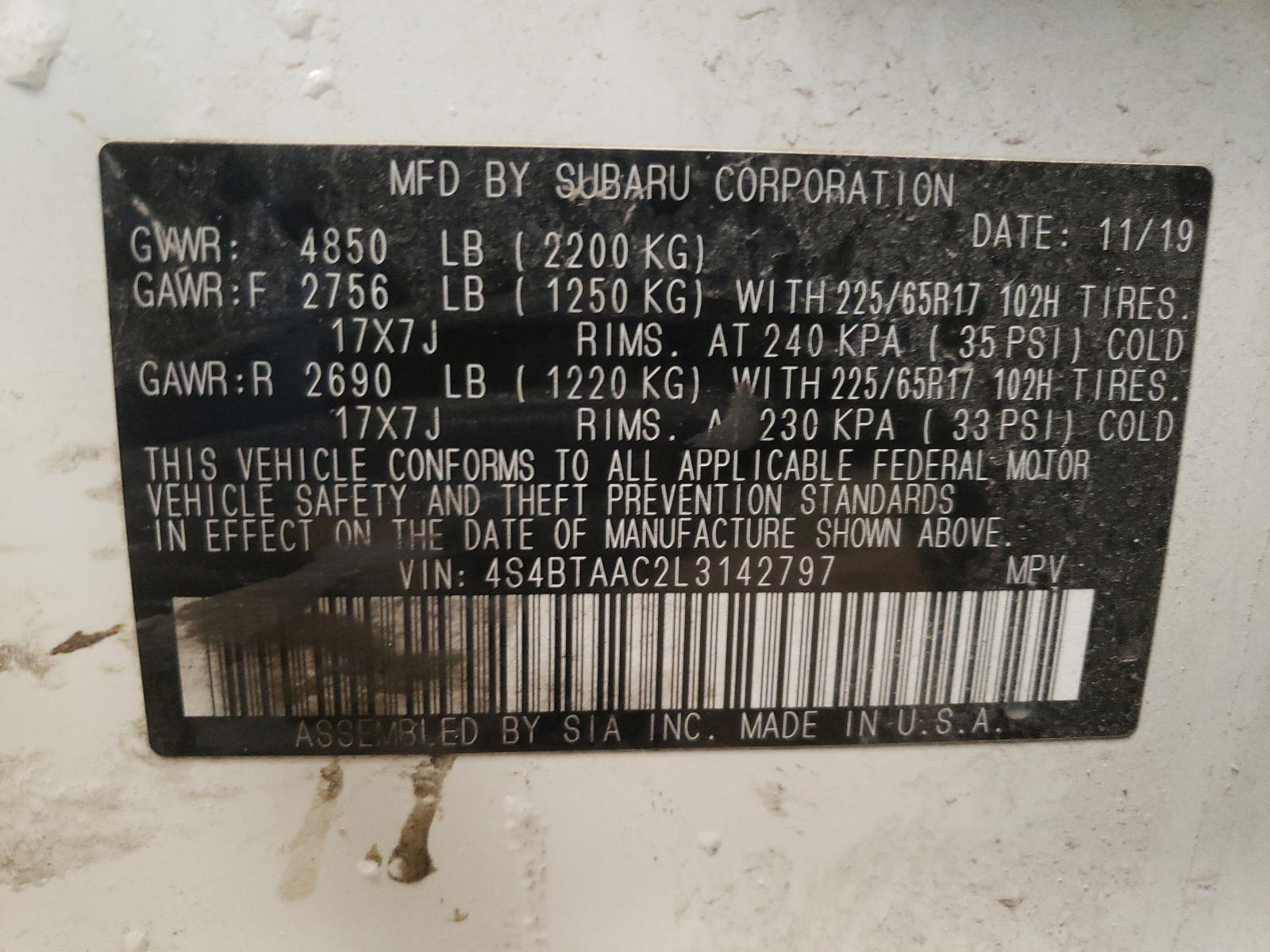 Photo 10 from auction – 2020 SUBARU OUTBACK with VIN 4S4BTAAC2L3142797