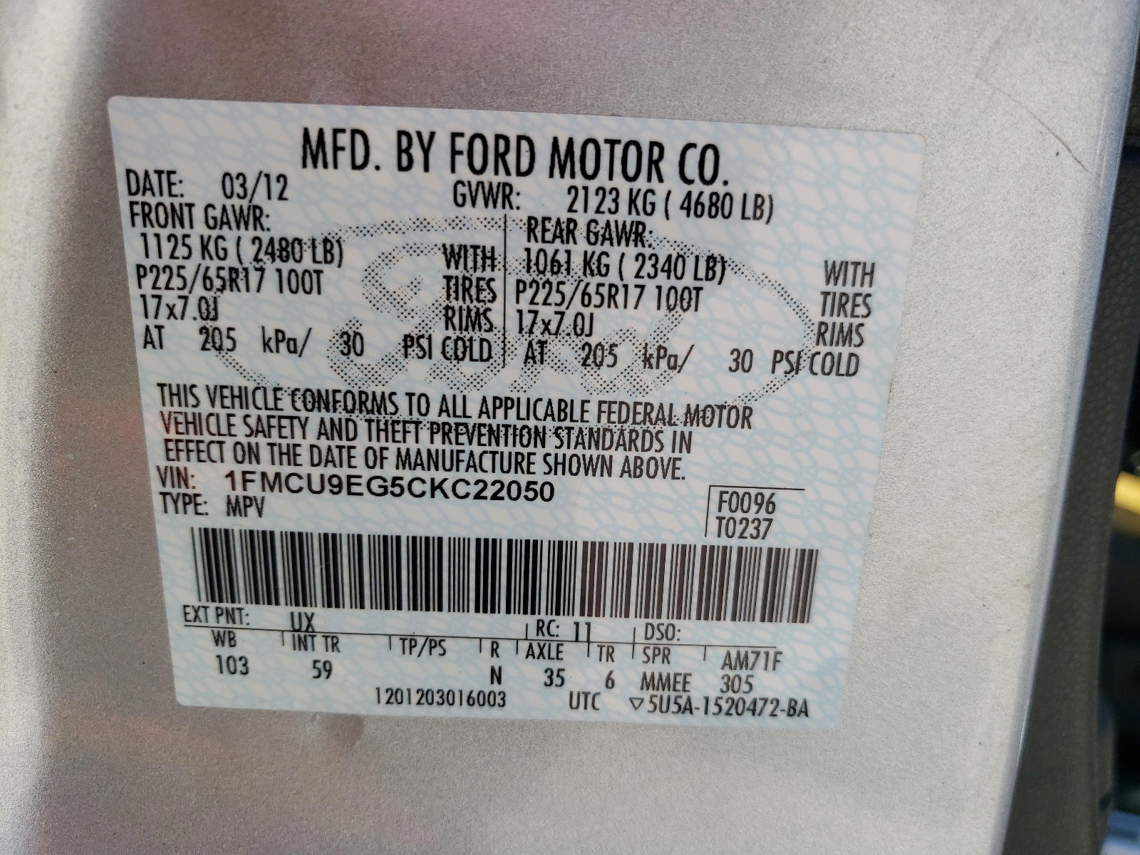 Photo 10 from auction – 2012 FORD ESCAPE LIM with VIN 1FMCU9EG5CKC22050