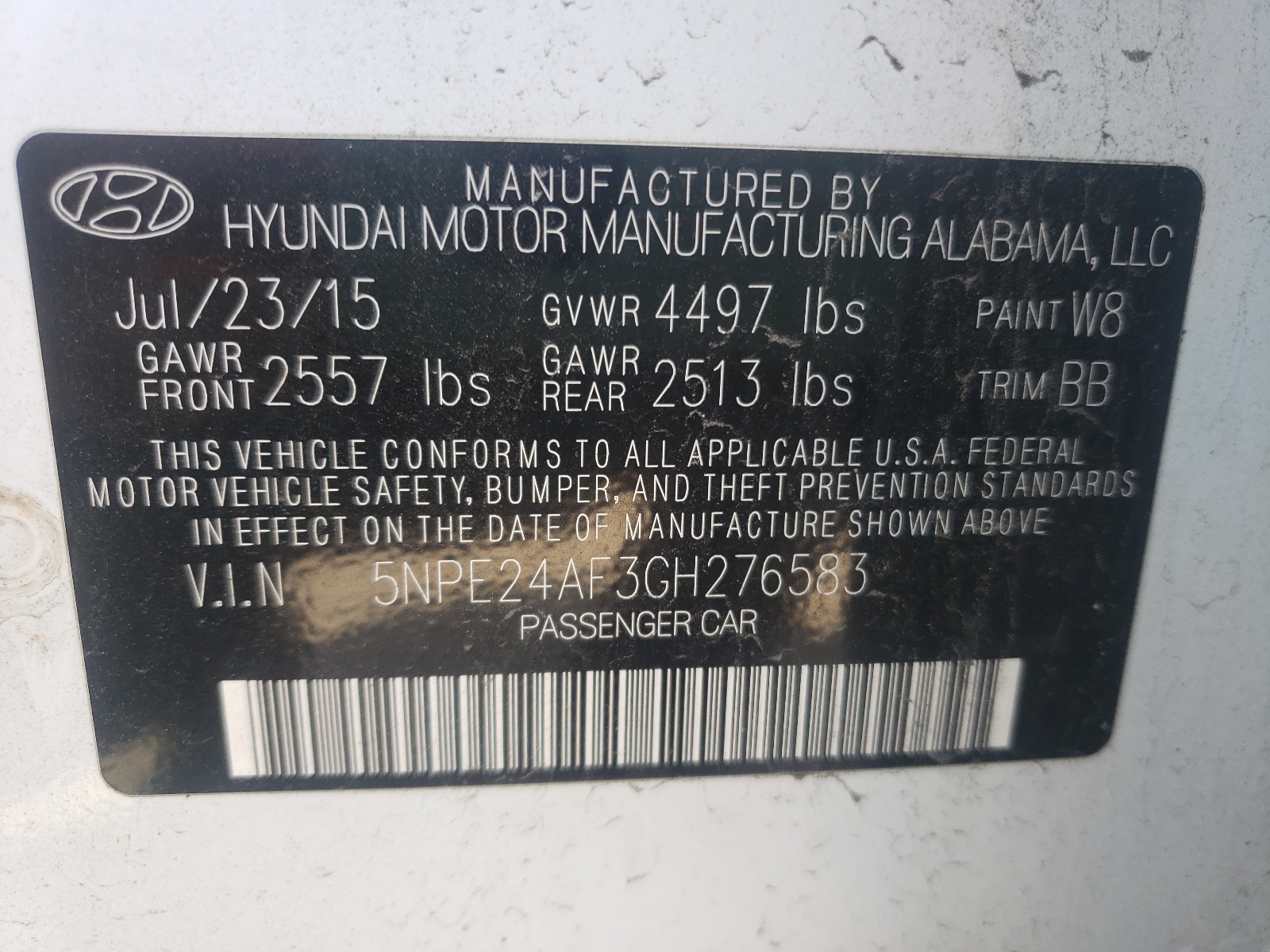 Photo 10 from auction – 2016 HYUNDAI SONATA SE with VIN 5NPE24AF3GH276583