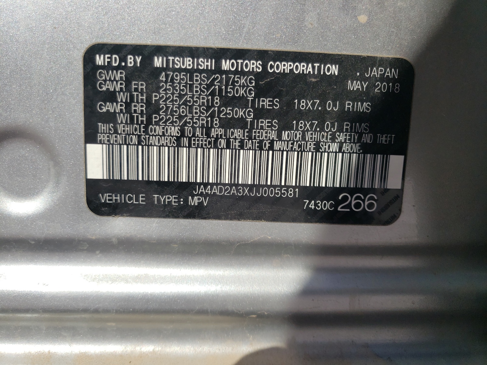 Photo 10 from auction – 2018 MITSUBISHI OUTLANDER with VIN JA4AD2A3XJJ005581