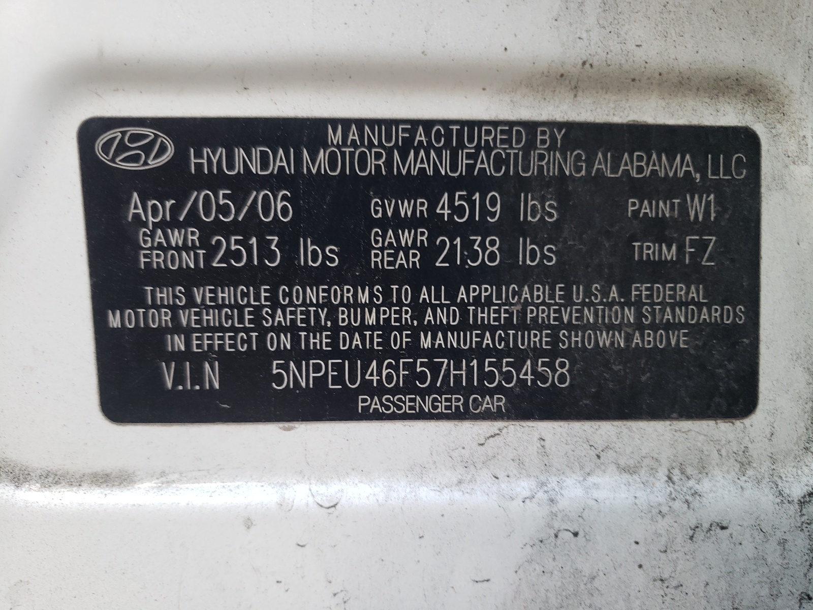 Photo 10 from auction – 2007 HYUNDAI SONATA SE with VIN 5NPEU46F57H155458