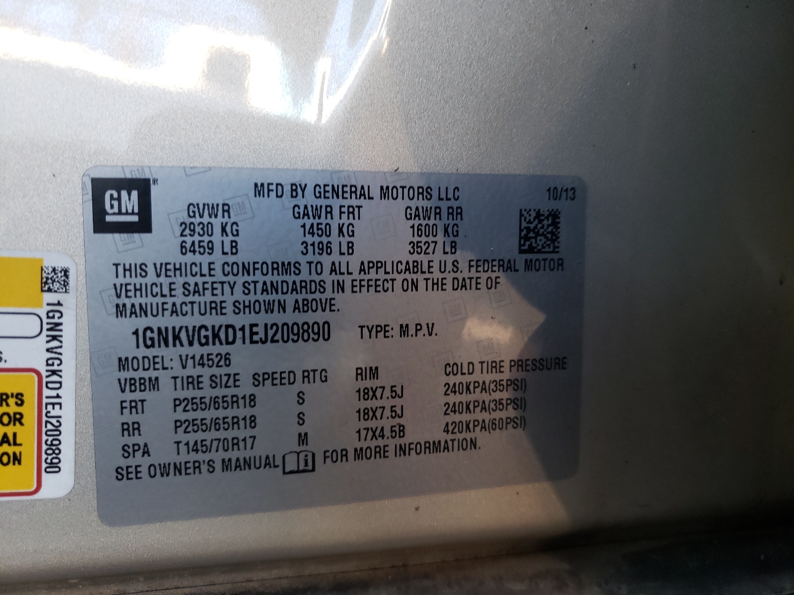 Photo 10 from auction – 2014 CHEVROLET TRAVERSE L with VIN 1GNKVGKD1EJ209890