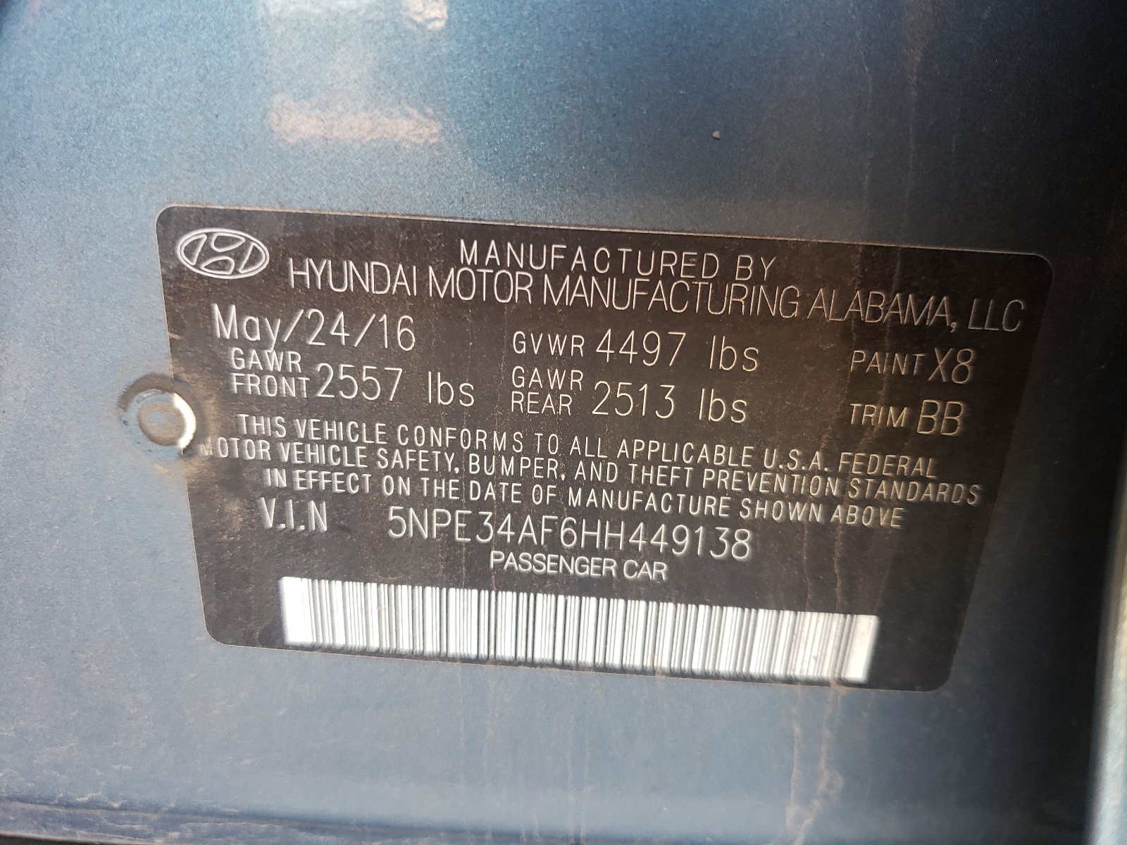 Photo 10 from auction – 2017 HYUNDAI SONATA SPO with VIN 5NPE34AF6HH449138