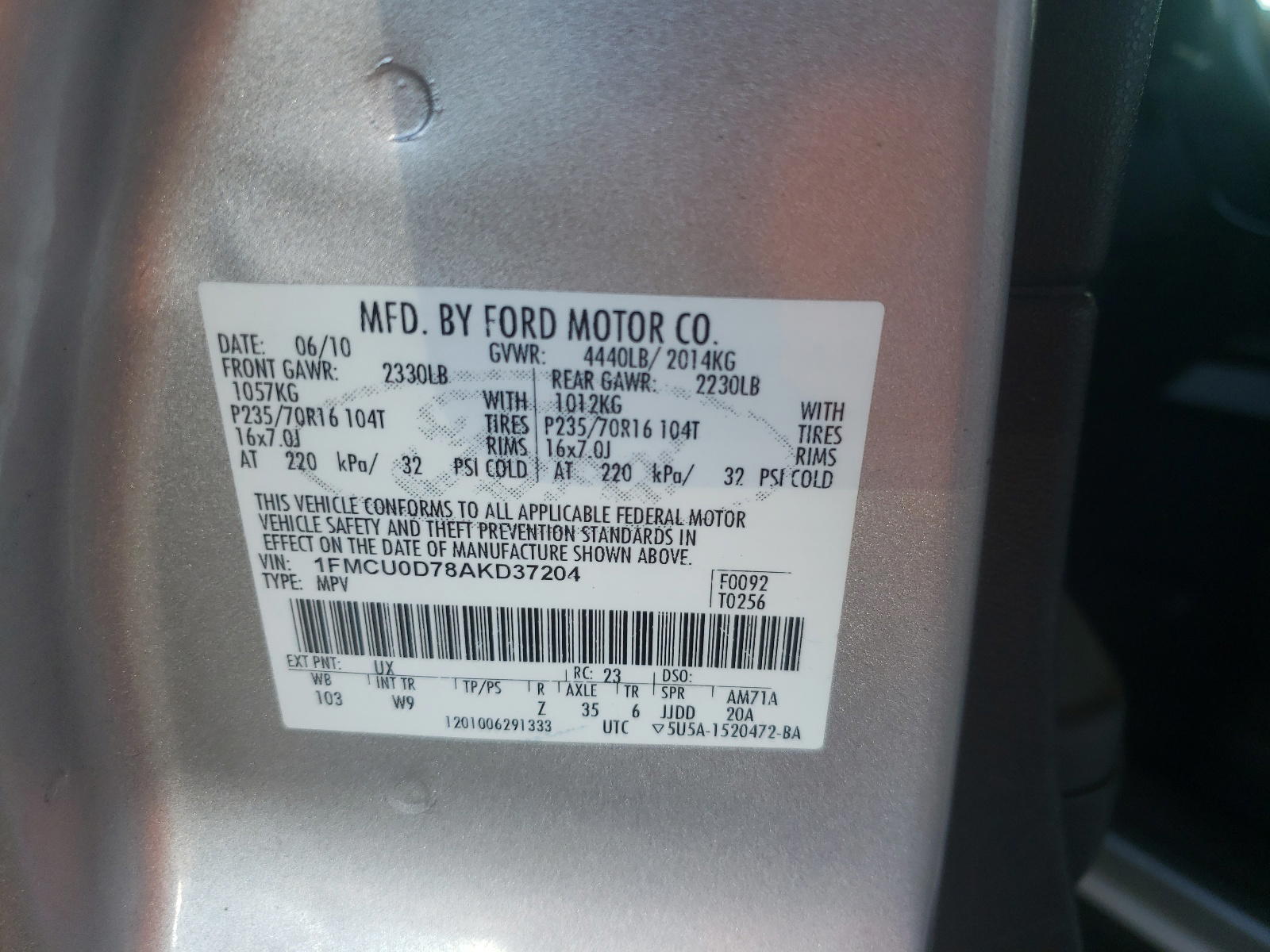Photo 10 from auction – 2010 FORD ESCAPE XLT with VIN 1FMCU0D78AKD37204