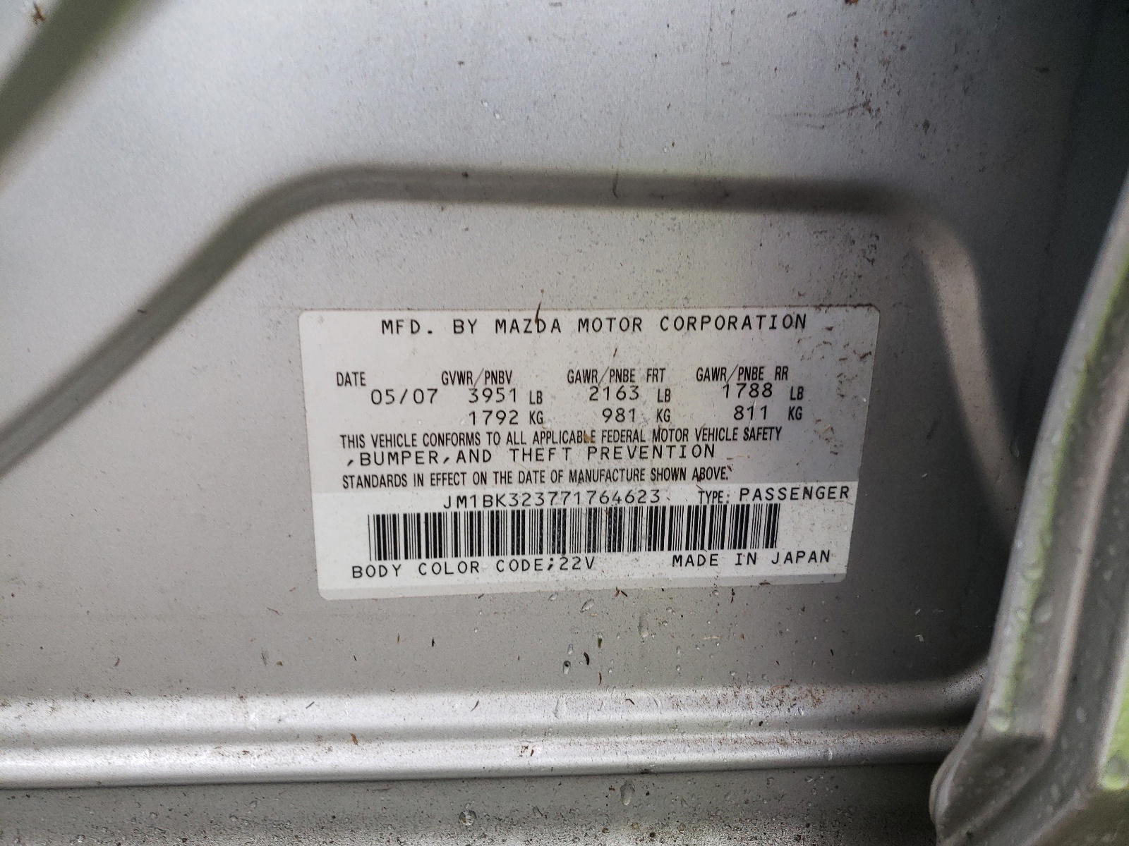 Photo 10 from auction – 2007 MAZDA 3 S with VIN JM1BK323771764623