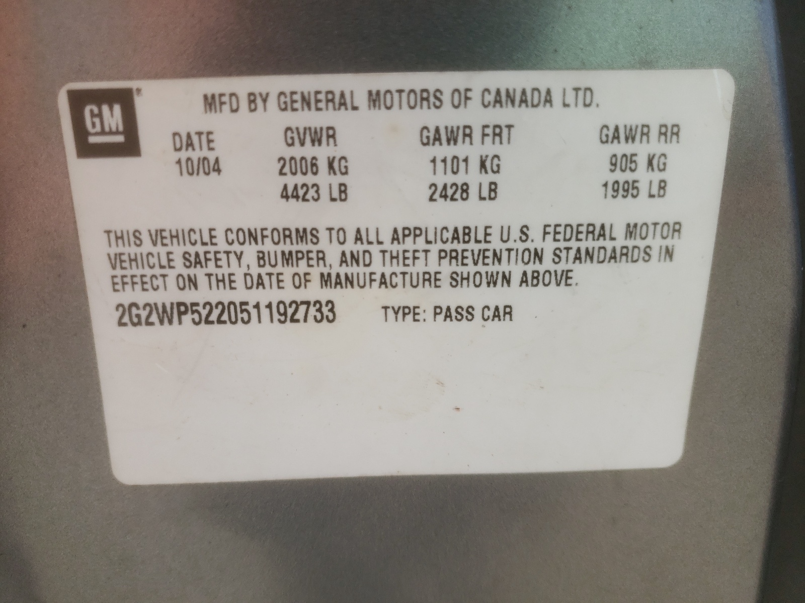 Photo 10 from auction – 2005 PONTIAC GRAND PRIX with VIN 2G2WP522051192733